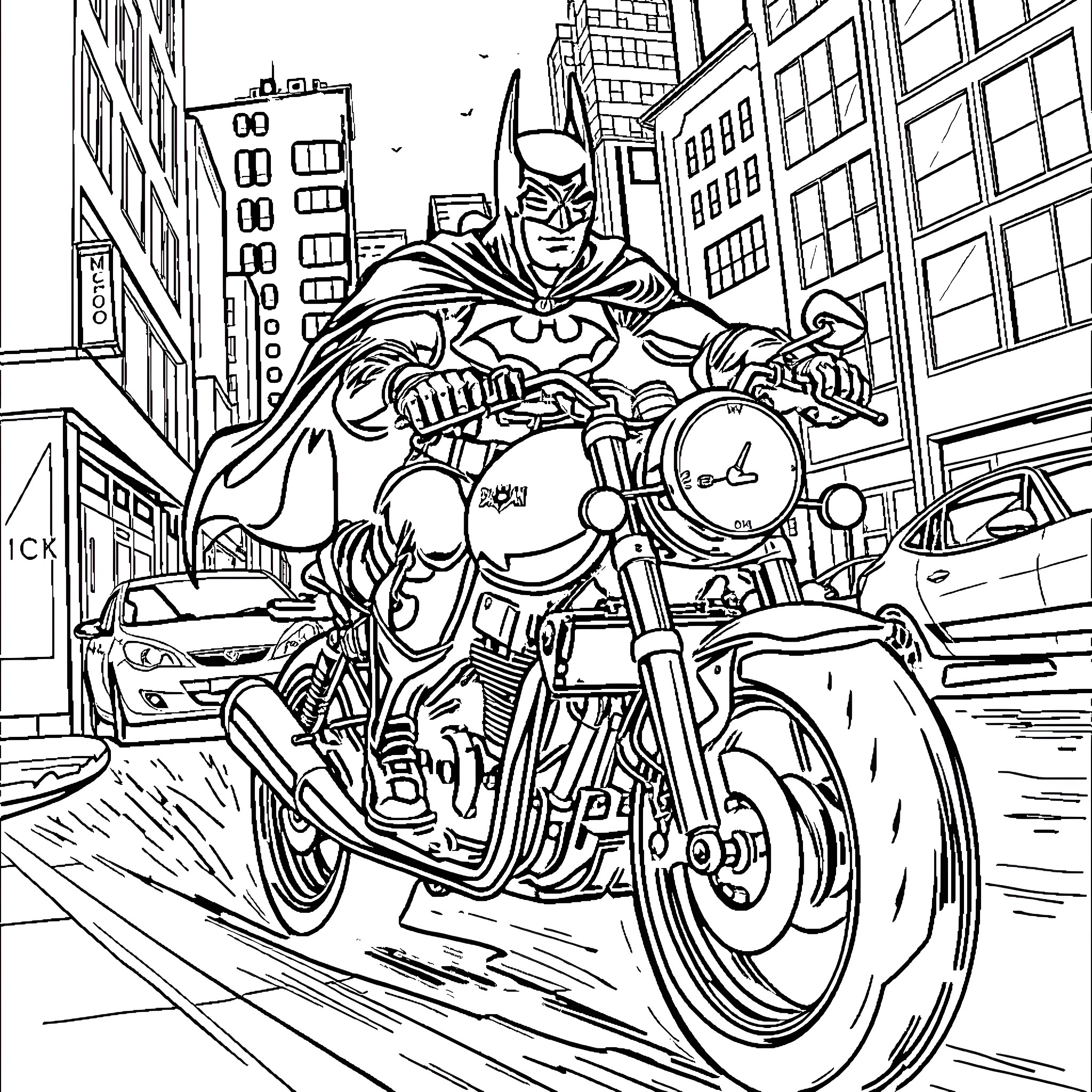 Batman Riding a Motorcycle Through the City Coloring Page (free black-and-white line drawing printable PDF for all, from beginners to advanced learners, including children, teens, adults, and seniors)
