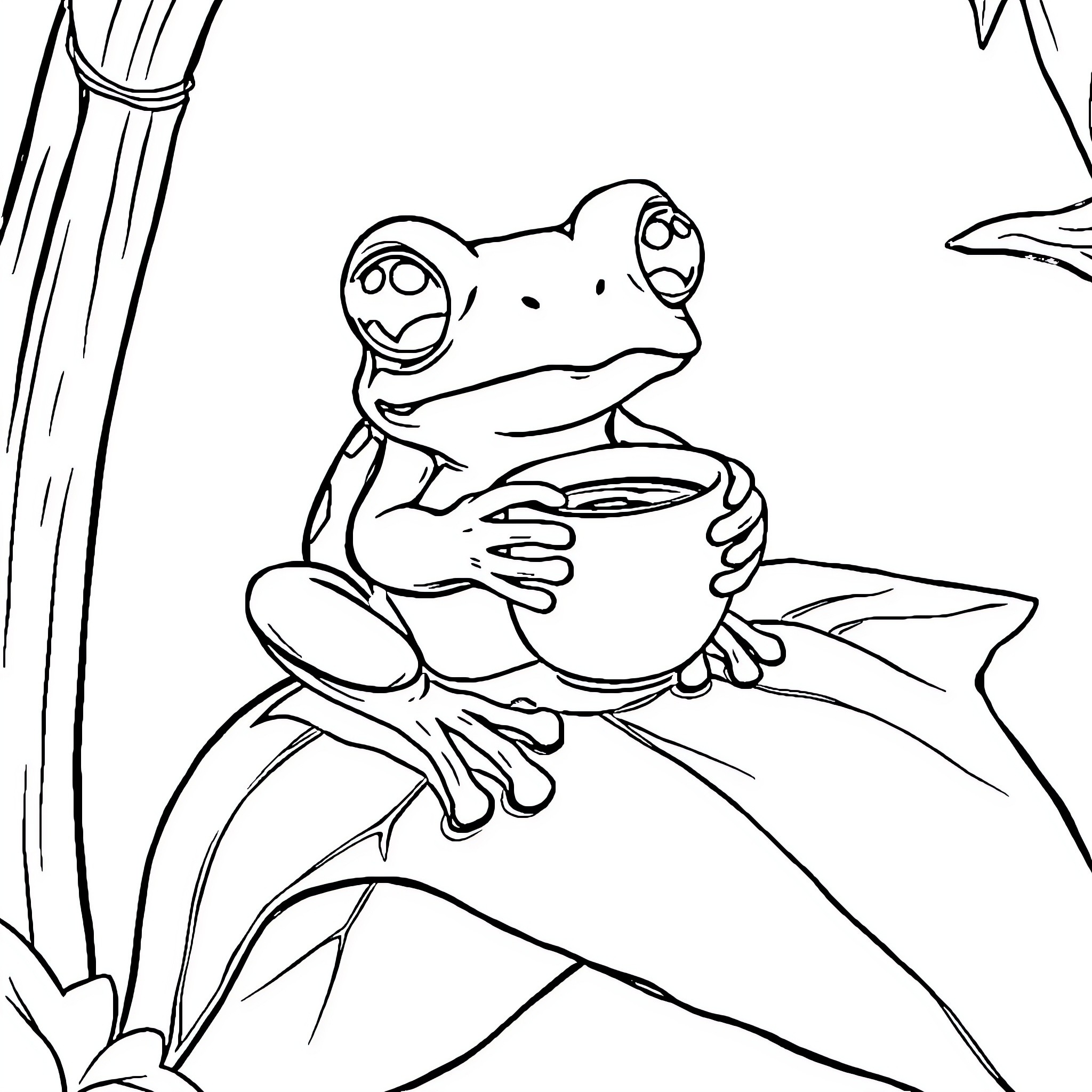 Toad sitting on a leaf in the forest Coloring Page (free black-and-white line drawing printable PDF for all, from beginners to advanced learners, including children, teens, adults, and seniors)
