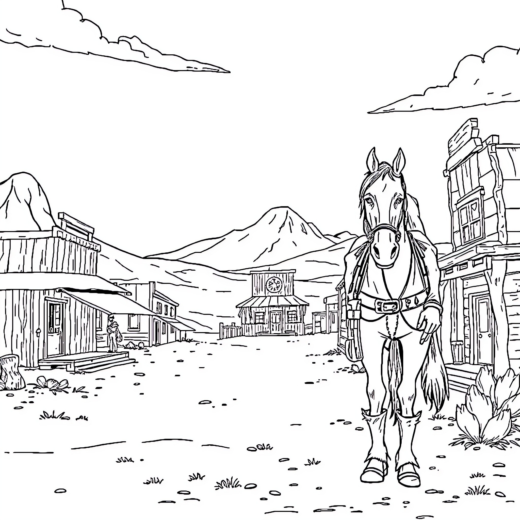 Cowboy and his horse in the old western town Coloring Page (free black-and-white line drawing printable PDF for all, from beginners to advanced learners, including children, teens, adults, and seniors)