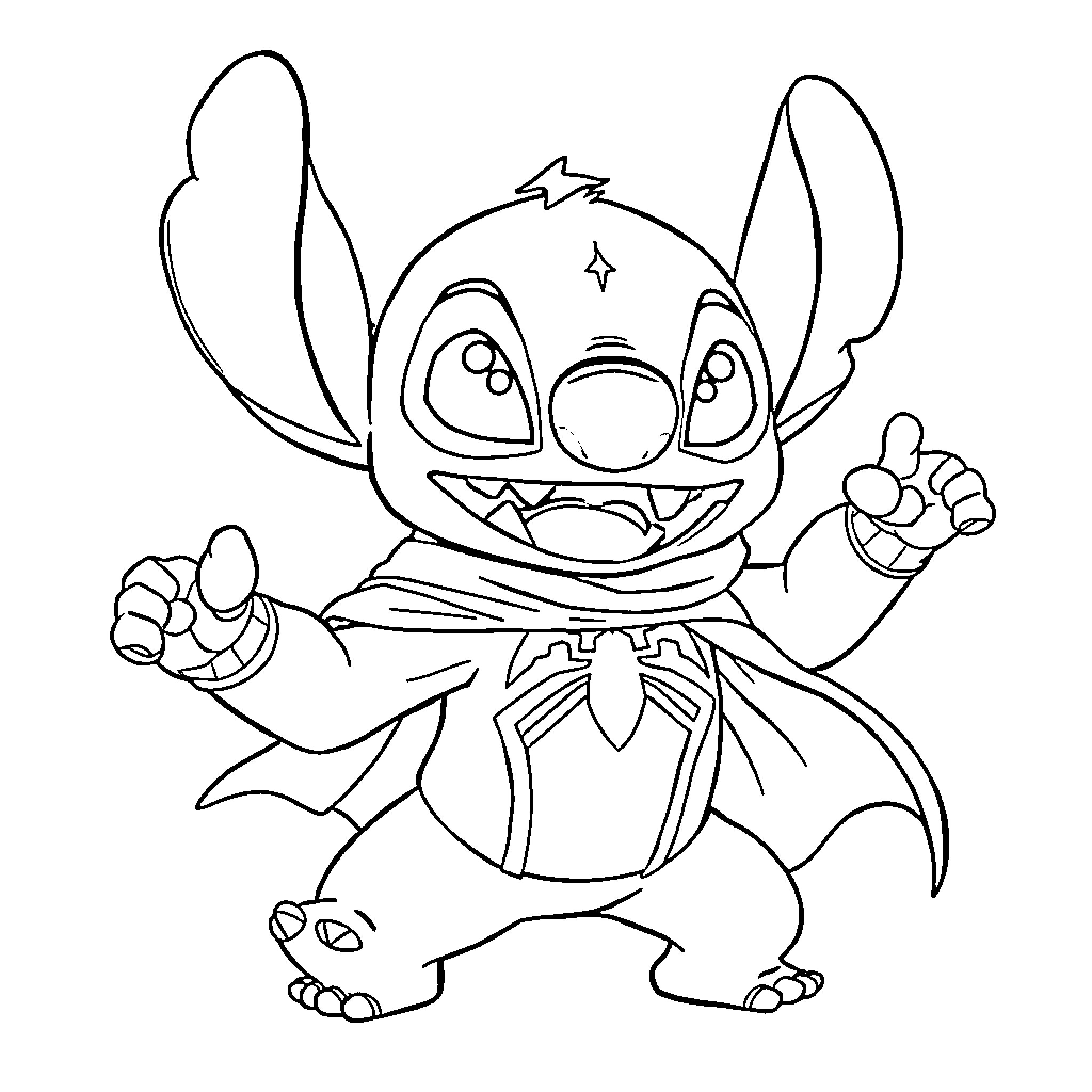 Stitch waving and making a funny face Coloring Page (free black-and-white line drawing printable PDF for all, from beginners to advanced learners, including children, teens, adults, and seniors)