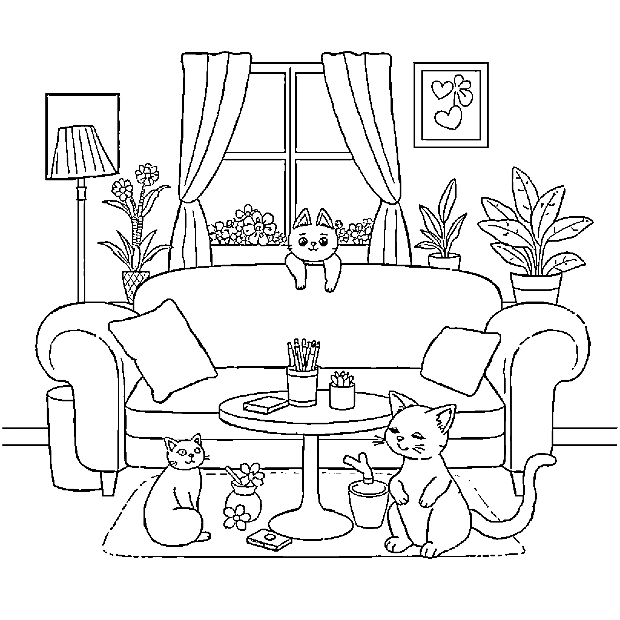 Girl relaxing with cats in cozy living room Coloring Page (free black-and-white line drawing printable PDF for all, from beginners to advanced learners, including children, teens, adults, and seniors)