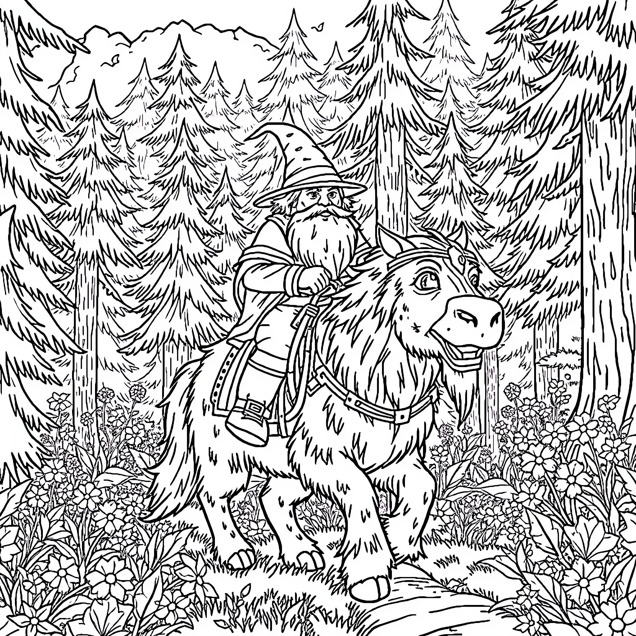 Hobbit riding a furry beast through the forest Coloring Page (free black-and-white line drawing printable PDF for all, from beginners to advanced learners, including children, teens, adults, and seniors)