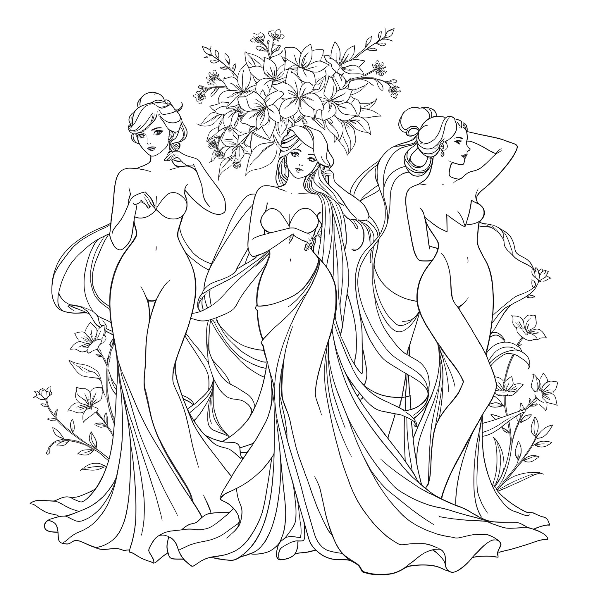 Girls in elegant dresses surrounded by flowers Coloring Page (free black-and-white line drawing printable PDF for all, from beginners to advanced learners, including children, teens, adults, and seniors)