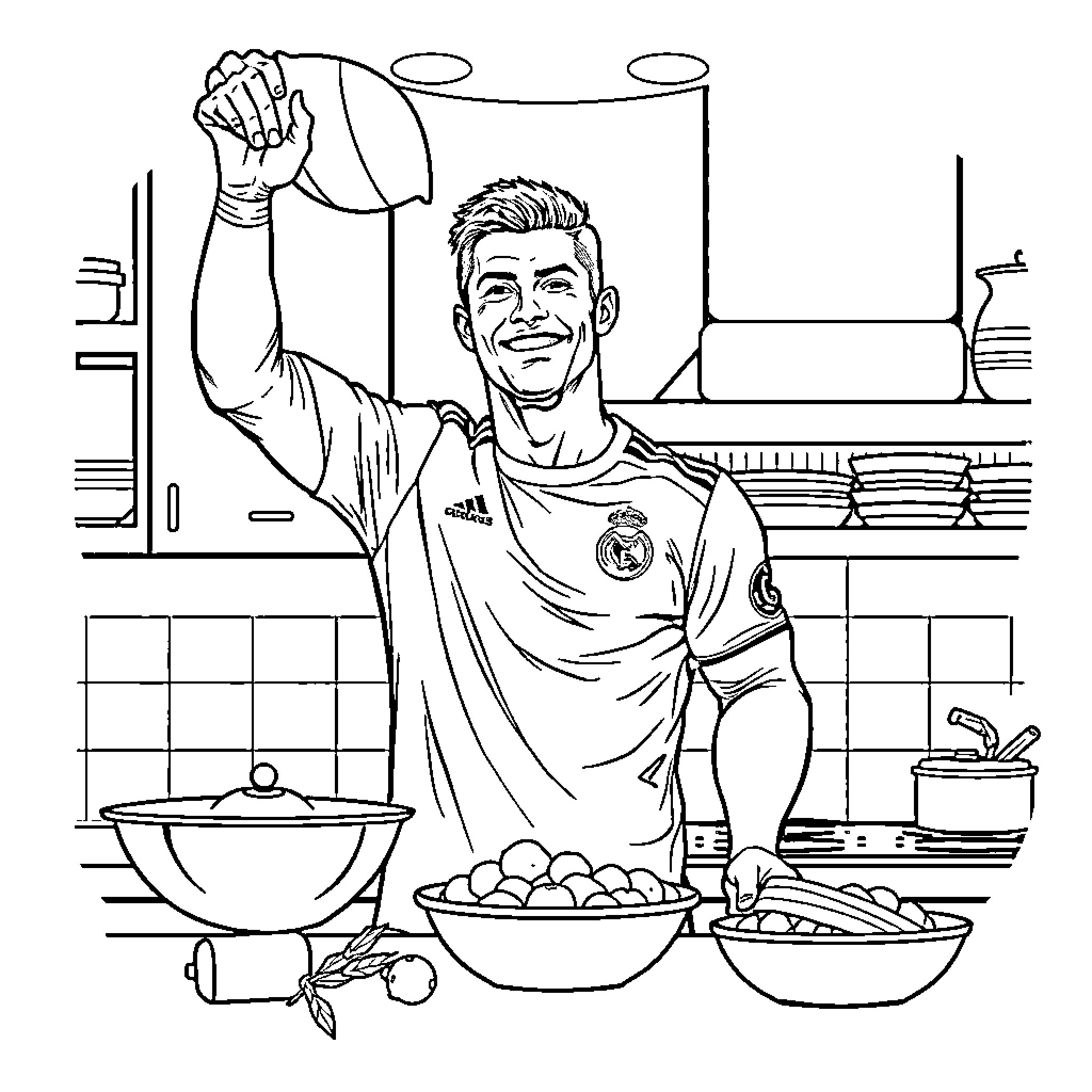 Cristiano Ronaldo Cooking Happily in the Kitchen Coloring Page (free black-and-white line drawing printable PDF for all, from beginners to advanced learners, including children, teens, adults, and seniors)