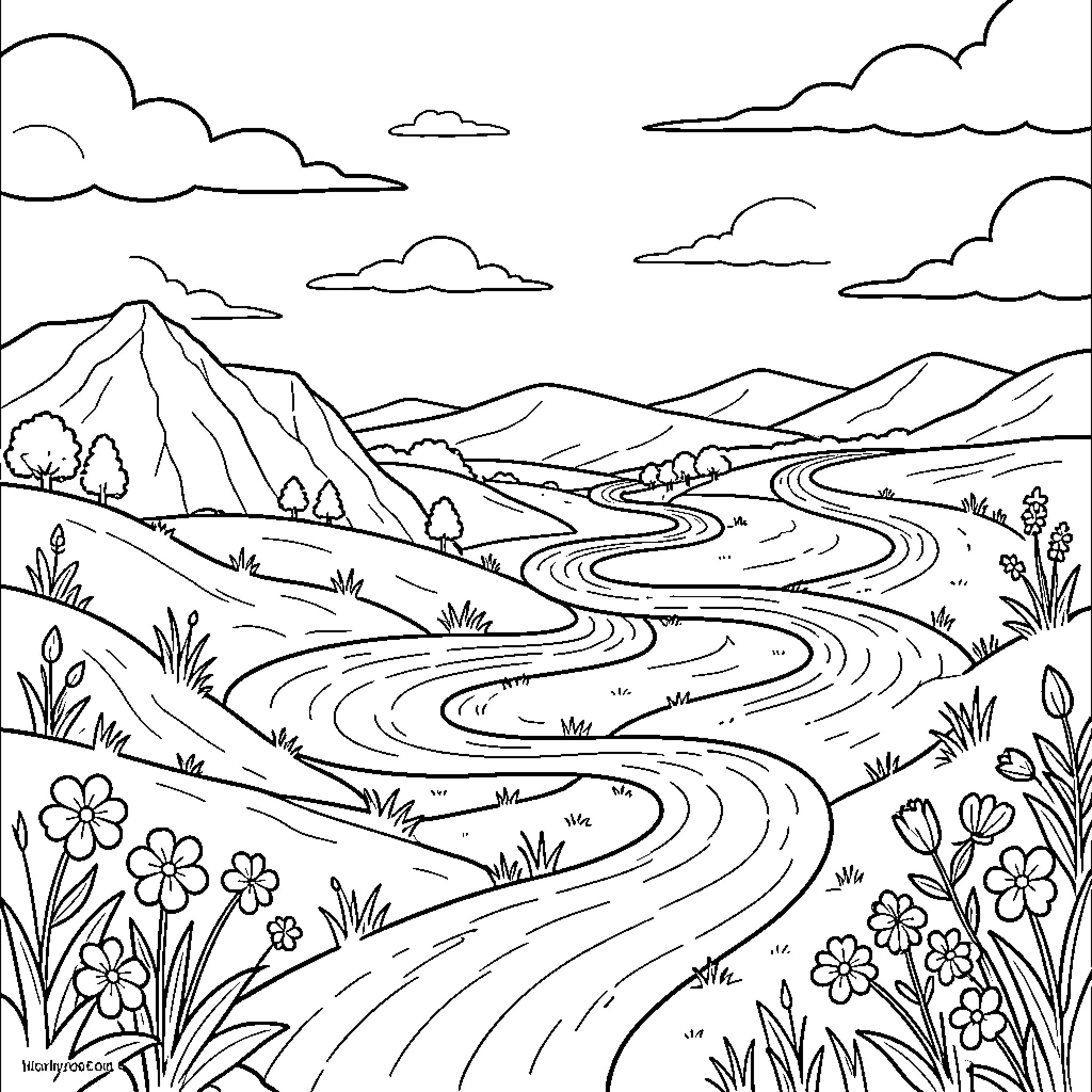 Story of a winding river flowing through rolling hills Coloring Page (free black-and-white line drawing printable PDF for all, from beginners to advanced learners, including children, teens, adults, and seniors)