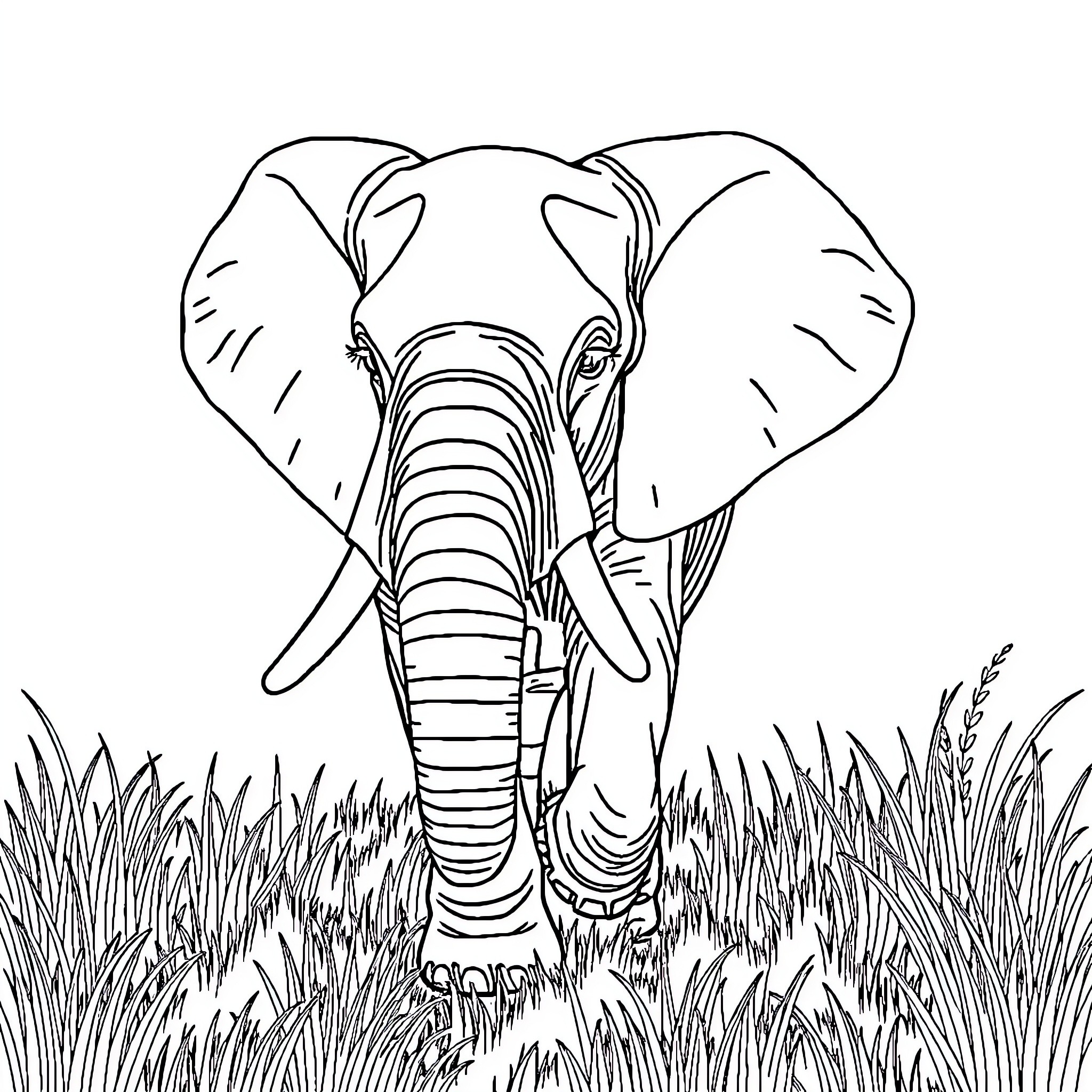 Elephant walking through the tall grass Coloring Page (free black-and-white line drawing printable PDF for all, from beginners to advanced learners, including children, teens, adults, and seniors)