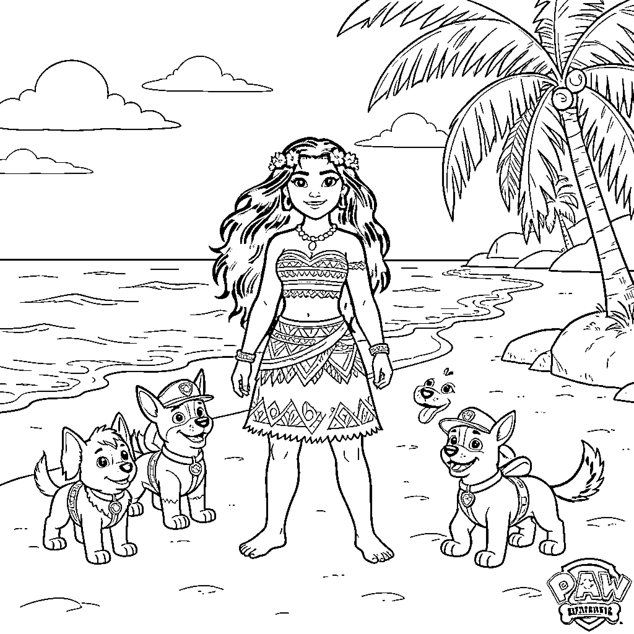 Moana standing on the beach with cute puppies Coloring Page (free black-and-white line drawing printable PDF for all, from beginners to advanced learners, including children, teens, adults, and seniors)