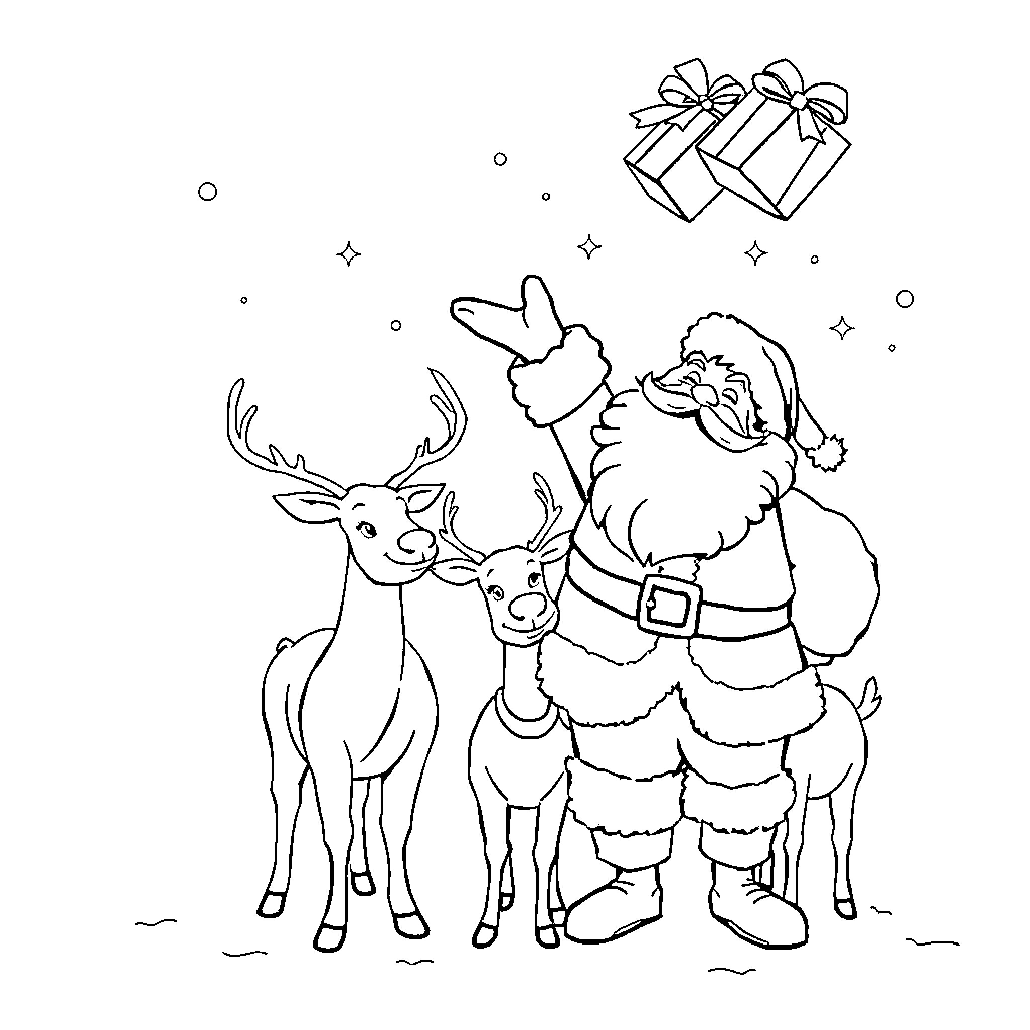 Santa delivering gifts with reindeer Coloring Page (free black-and-white line drawing printable PDF for all, from beginners to advanced learners, including children, teens, adults, and seniors)