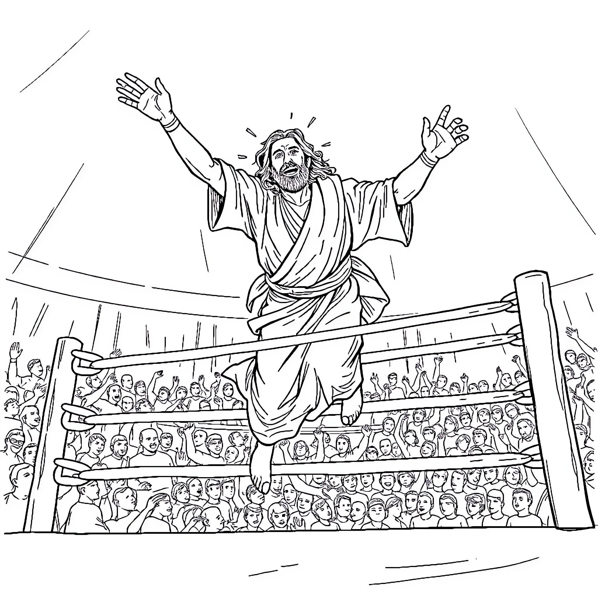 Jesus triumphantly raising his arms before a cheering crowd Coloring Page (free black-and-white line drawing printable PDF for all, from beginners to advanced learners, including children, teens, adults, and seniors)