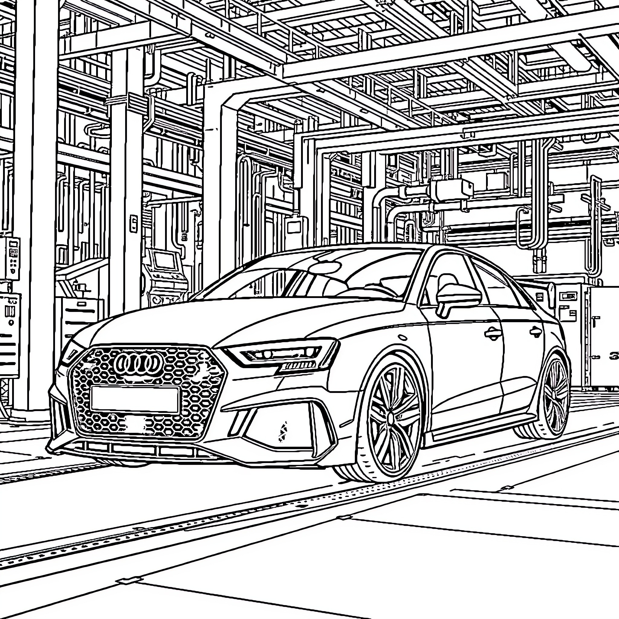 Queen's Sleek Automotive Masterpiece in Production Coloring Page (free black-and-white line drawing printable PDF for all, from beginners to advanced learners, including children, teens, adults, and seniors)