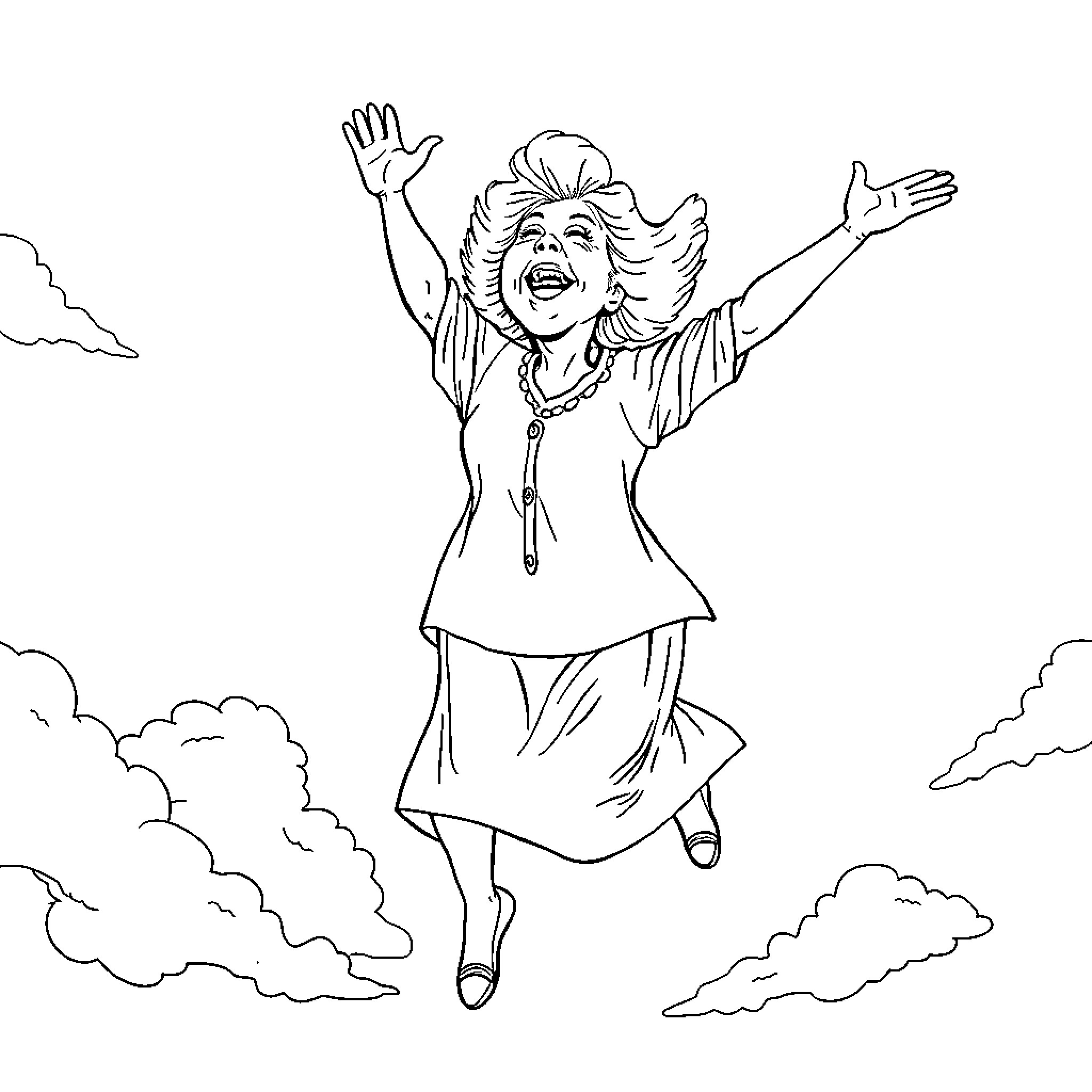 Grandma's Joyful Dance in the Clouds Coloring Page (free black-and-white line drawing printable PDF for all, from beginners to advanced learners, including children, teens, adults, and seniors)