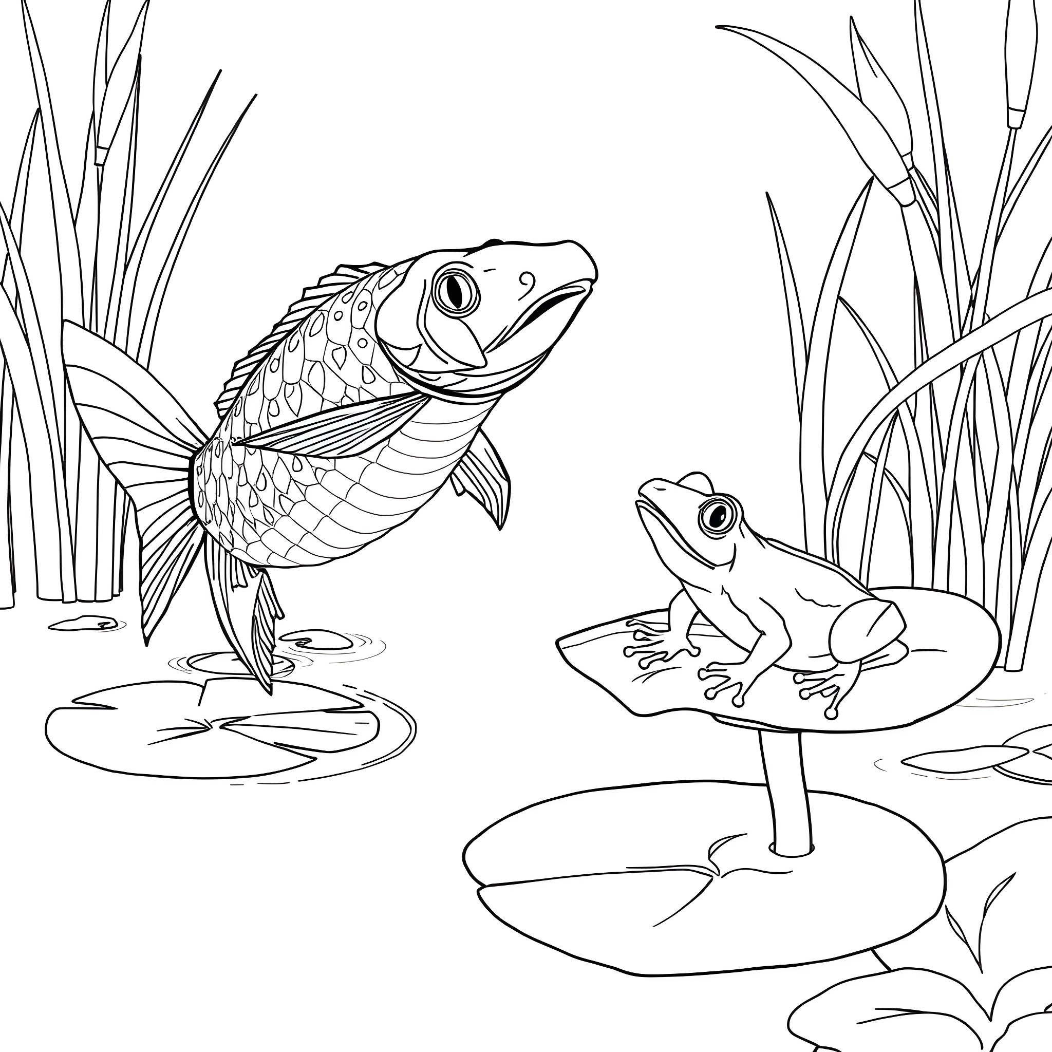 Snakehead fish and frog interacting in a pond Coloring Page (free black-and-white line drawing printable PDF for all, from beginners to advanced learners, including children, teens, adults, and seniors)