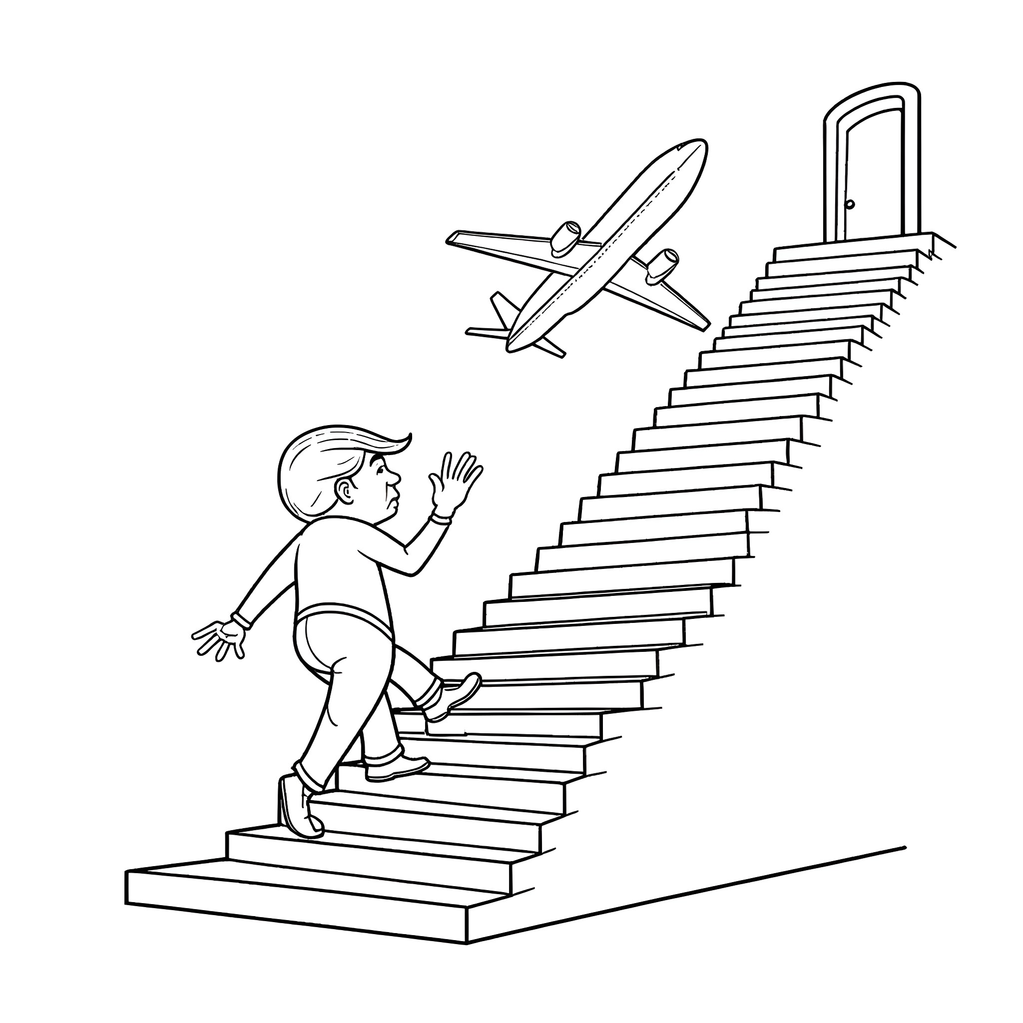 Donald Trump climbing stairs towards airplane in the sky Coloring Page (free black-and-white line drawing printable PDF for all, from beginners to advanced learners, including children, teens, adults, and seniors)