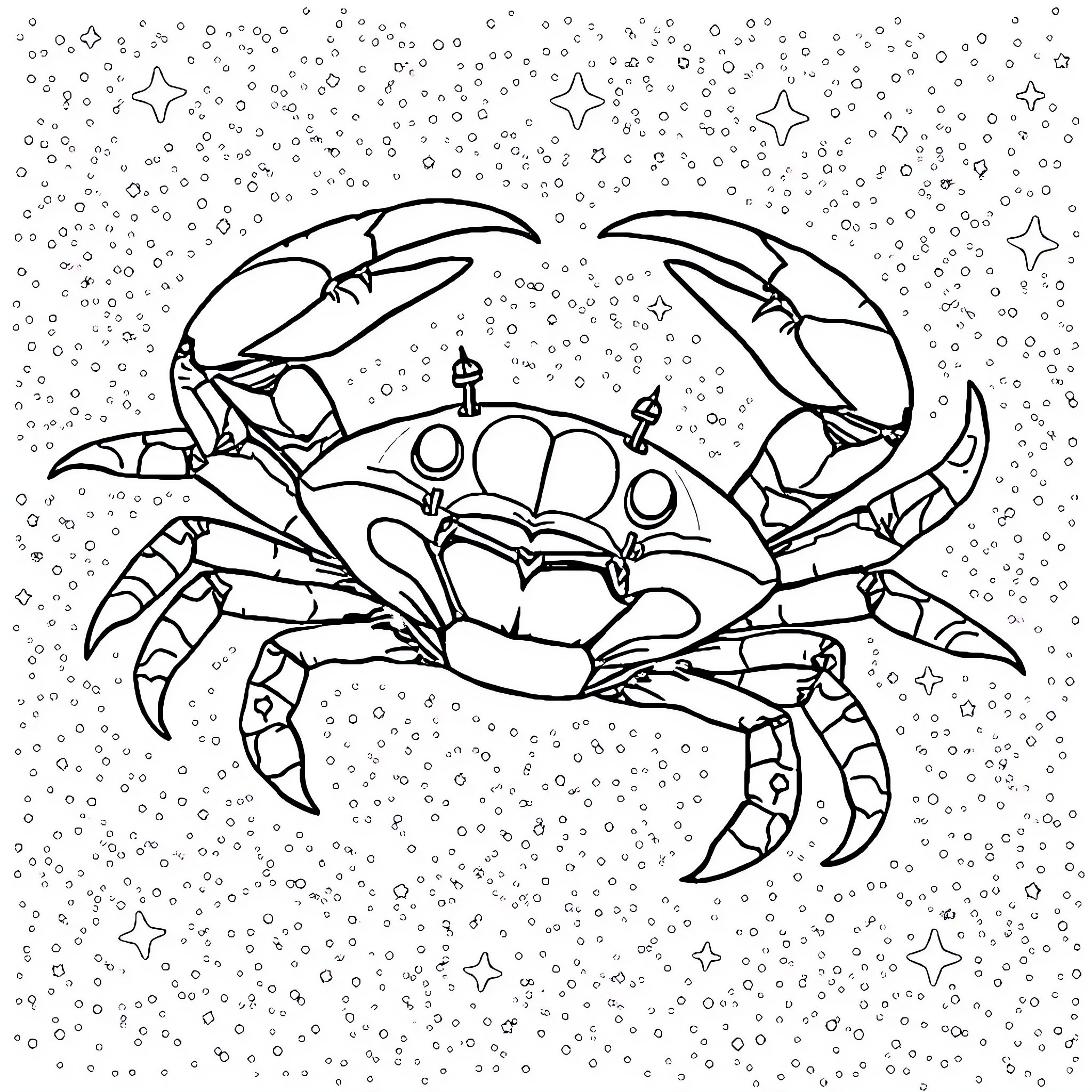 Crab exploring the starry night sky Coloring Page (free black-and-white line drawing printable PDF for all, from beginners to advanced learners, including children, teens, adults, and seniors)