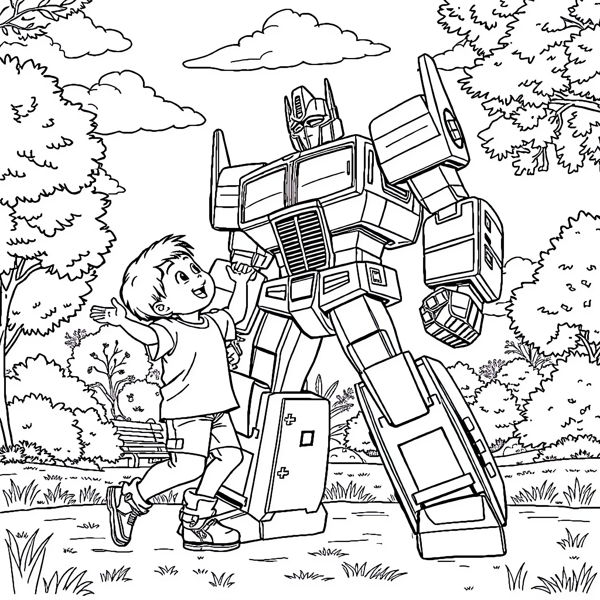 Optimus Prime Meets a Young Fan in the Forest Coloring Page (free black-and-white line drawing printable PDF for all, from beginners to advanced learners, including children, teens, adults, and seniors)