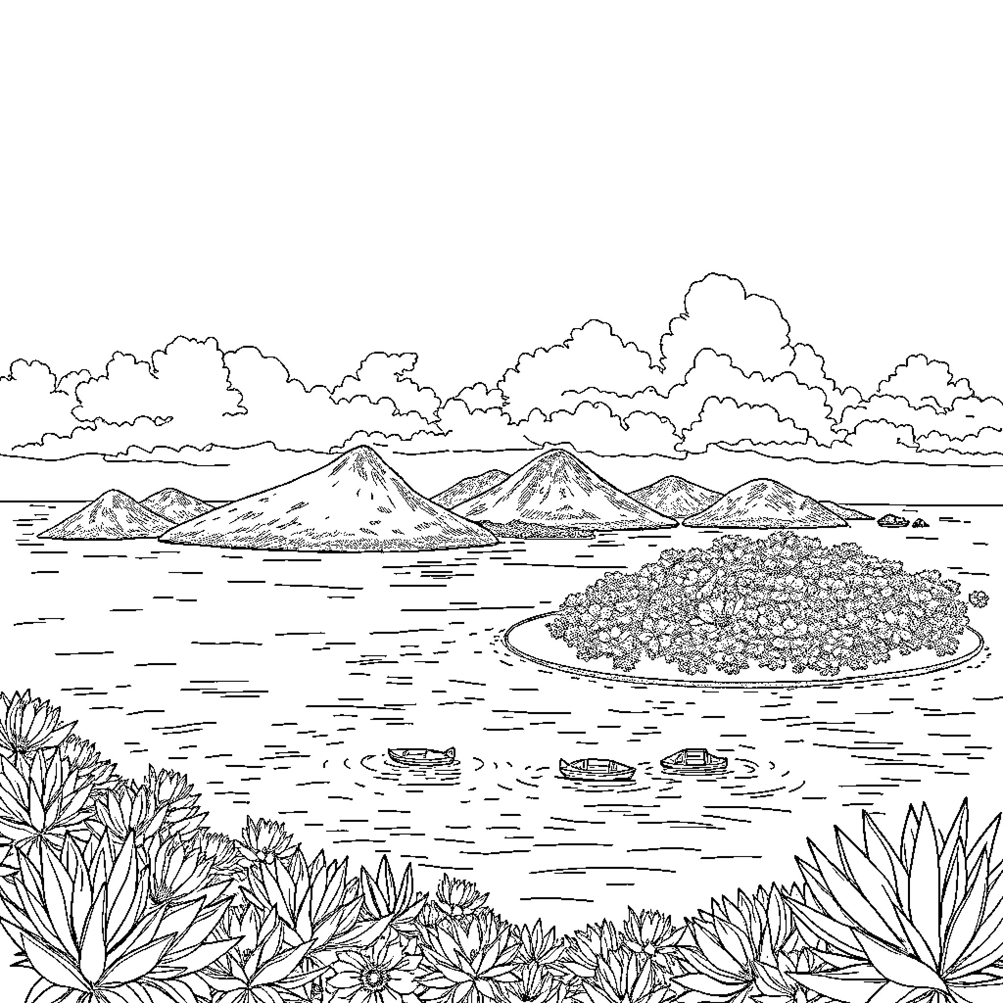 Comores scenic landscape with volcanic islands and vegetation Coloring Page (free black-and-white line drawing printable PDF for all, from beginners to advanced learners, including children, teens, adults, and seniors)