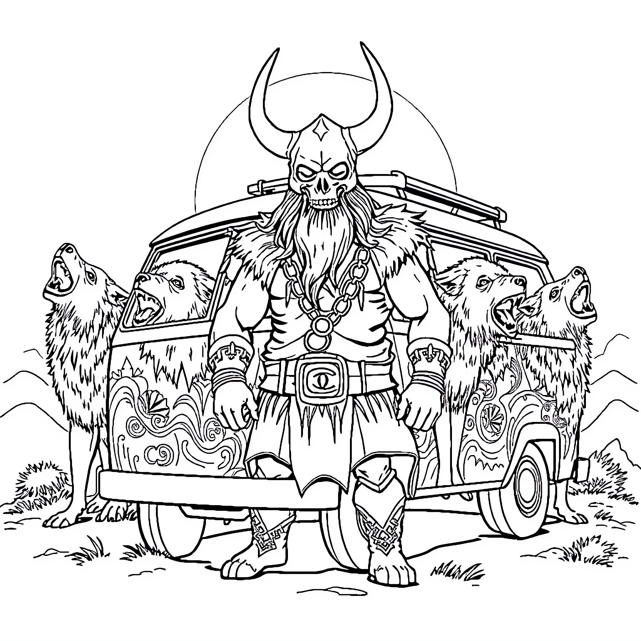Van of the Viking Warrior and Wolves Coloring Page (free black-and-white line drawing printable PDF for all, from beginners to advanced learners, including children, teens, adults, and seniors)