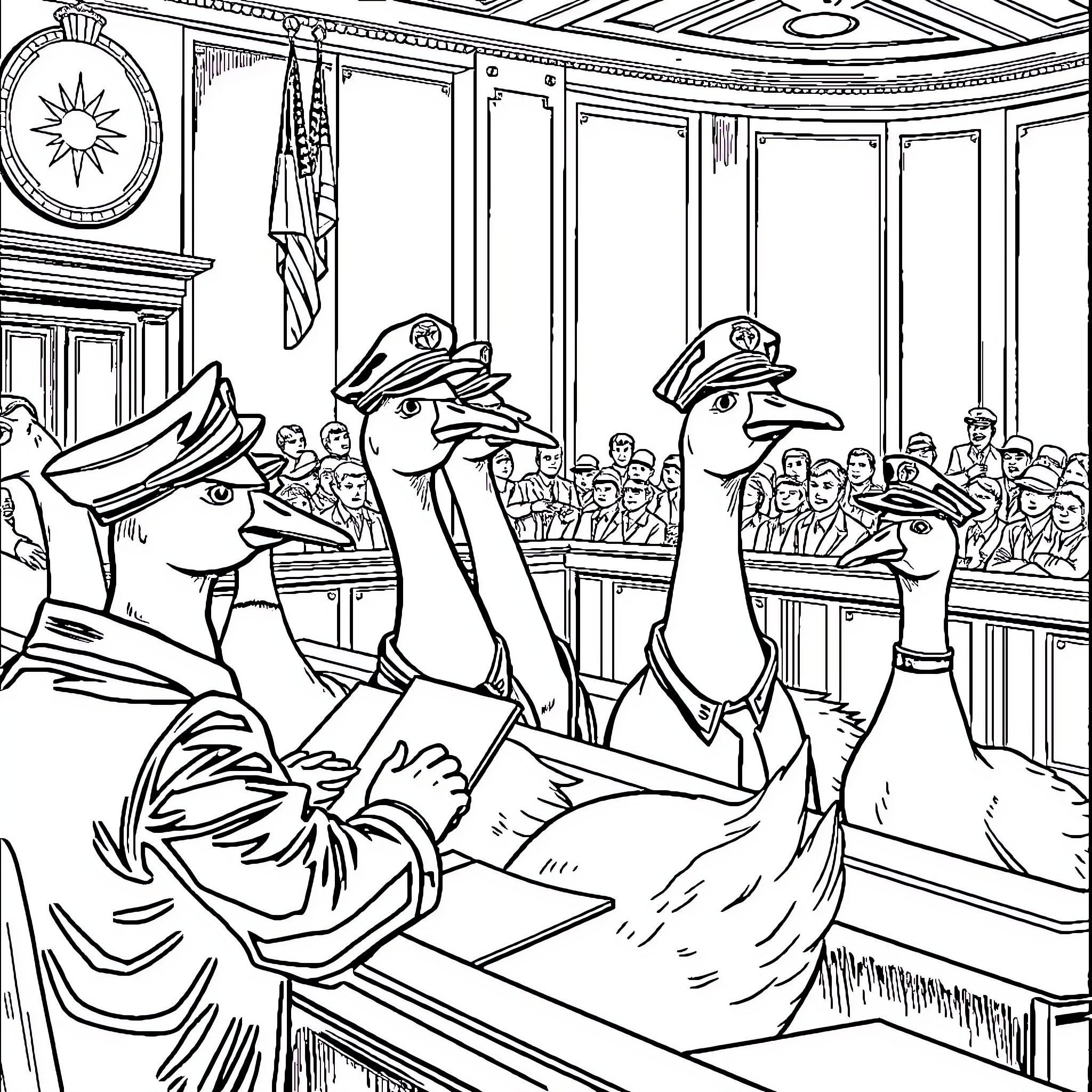 Goose officials presiding over a courtroom proceeding Coloring Page (free black-and-white line drawing printable PDF for all, from beginners to advanced learners, including children, teens, adults, and seniors)