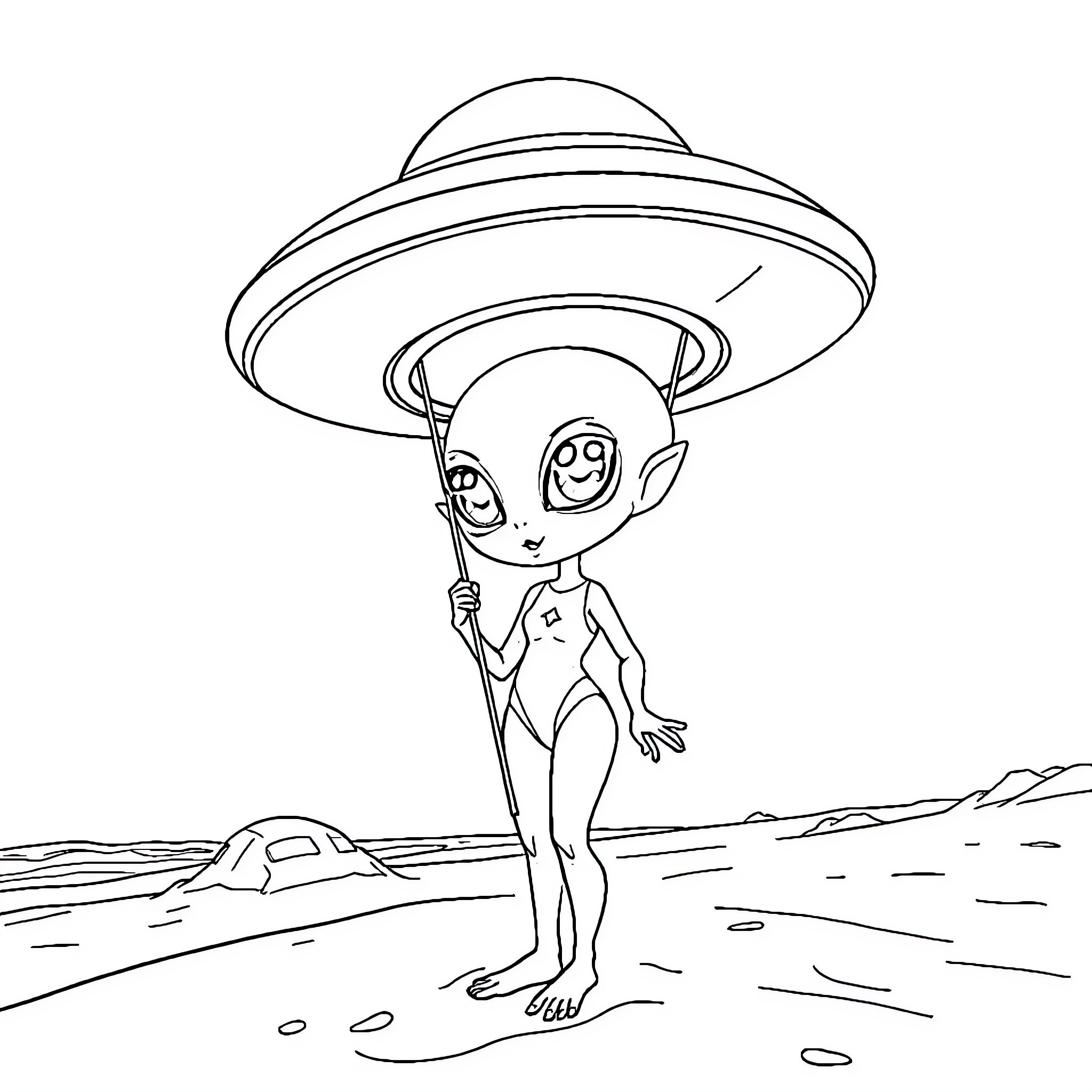Alien character exploring an alien landscape Coloring Page (free black-and-white line drawing printable PDF for all, from beginners to advanced learners, including children, teens, adults, and seniors)