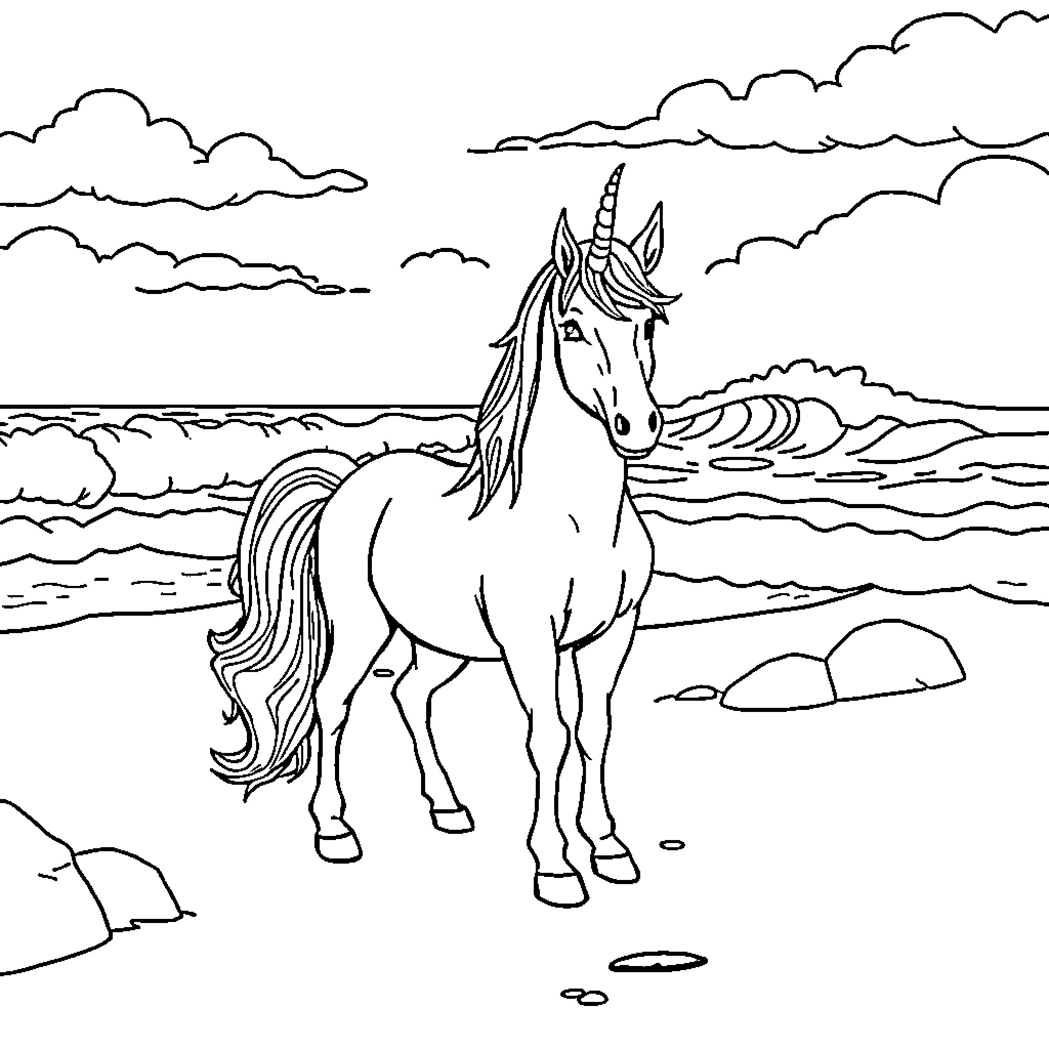 Unicorn Standing Majestically by the Seashore Coloring Page (free black-and-white line drawing printable PDF for all, from beginners to advanced learners, including children, teens, adults, and seniors)