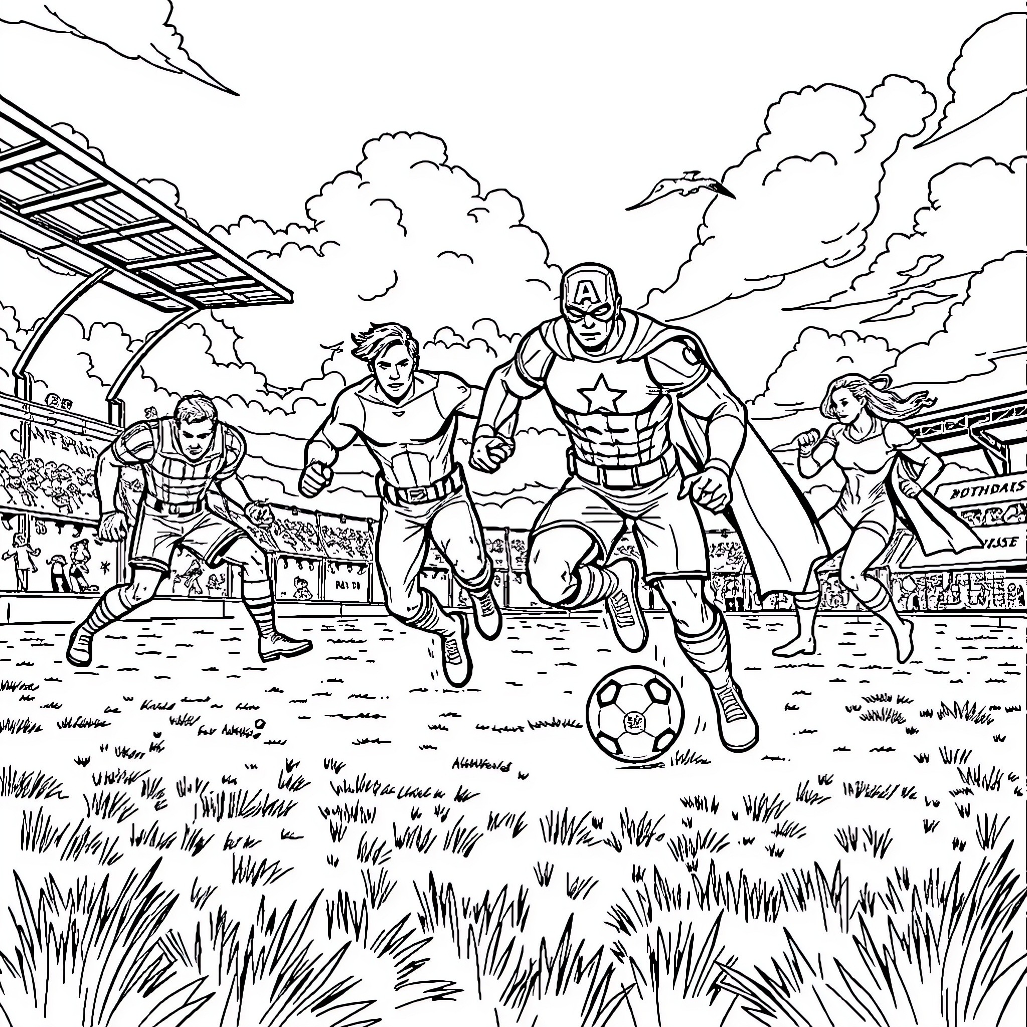 Avenger superhero team playing soccer on the field Coloring Page (free black-and-white line drawing printable PDF for all, from beginners to advanced learners, including children, teens, adults, and seniors)