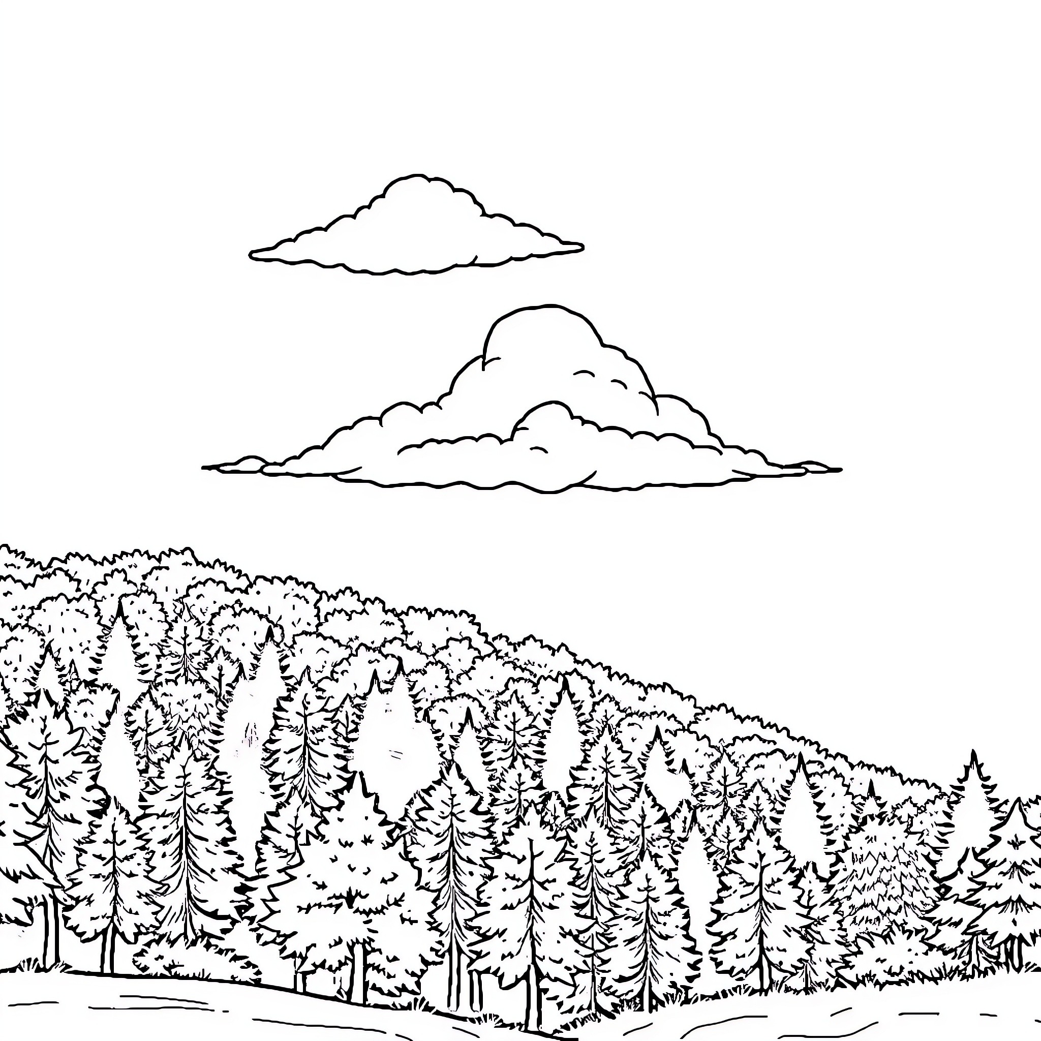 Cloud formations over a forest landscape Coloring Page (free black-and-white line drawing printable PDF for all, from beginners to advanced learners, including children, teens, adults, and seniors)