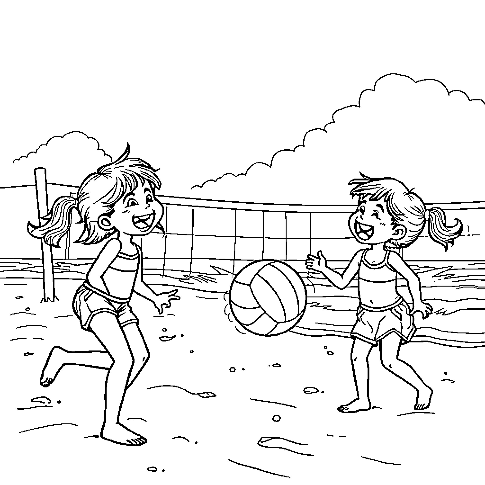Kids playing volleyball on the beach Coloring Page (free black-and-white line drawing printable PDF for all, from beginners to advanced learners, including children, teens, adults, and seniors)