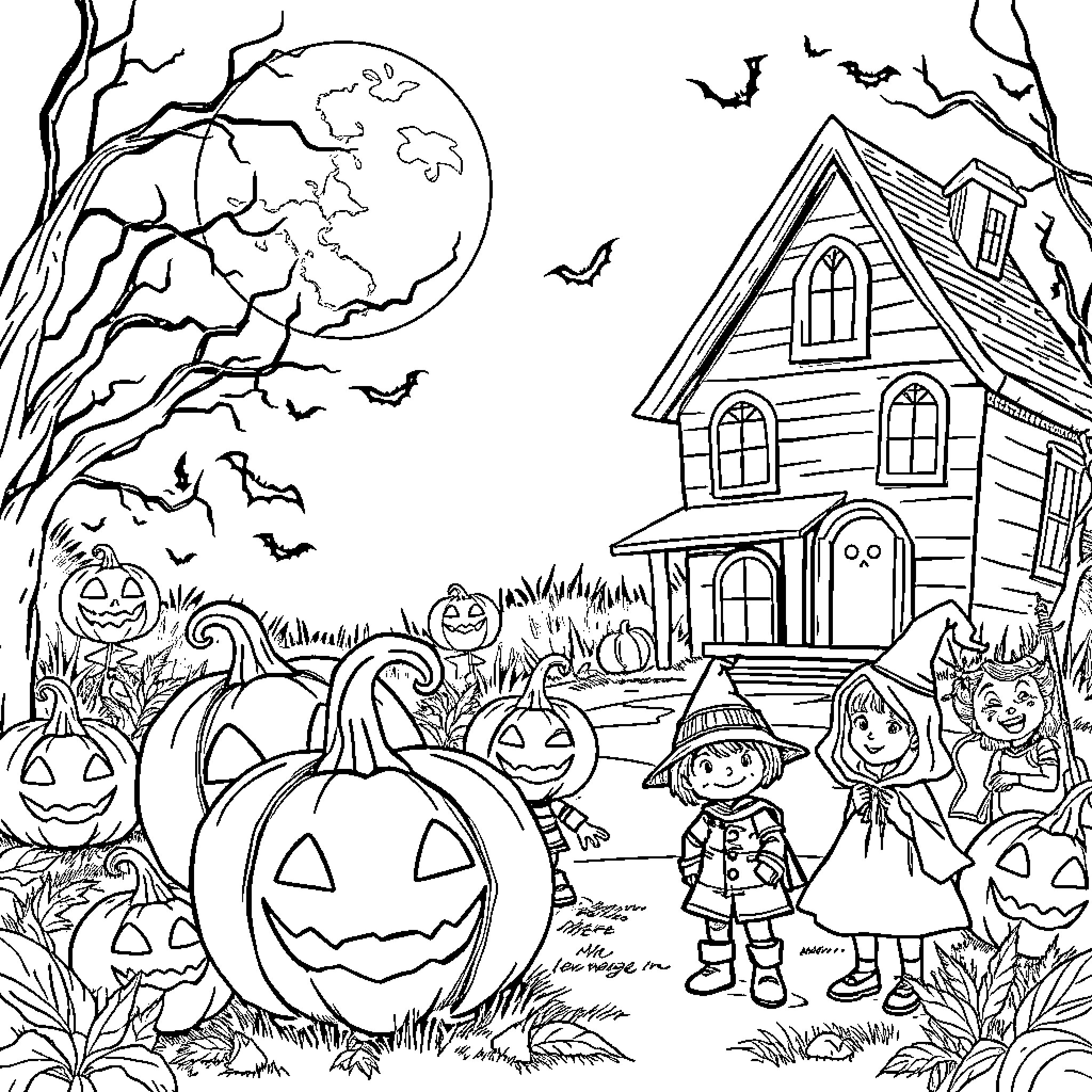 Halloween Trick-or-Treating at a Haunted House Coloring Page (free black-and-white line drawing printable PDF for all, from beginners to advanced learners, including children, teens, adults, and seniors)