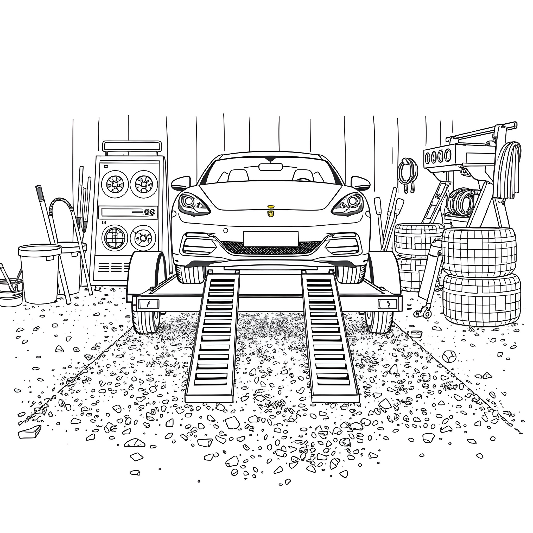 Car Trailer in Automotive Repair Shop Coloring Page (free black-and-white line drawing printable PDF for all, from beginners to advanced learners, including children, teens, adults, and seniors)
