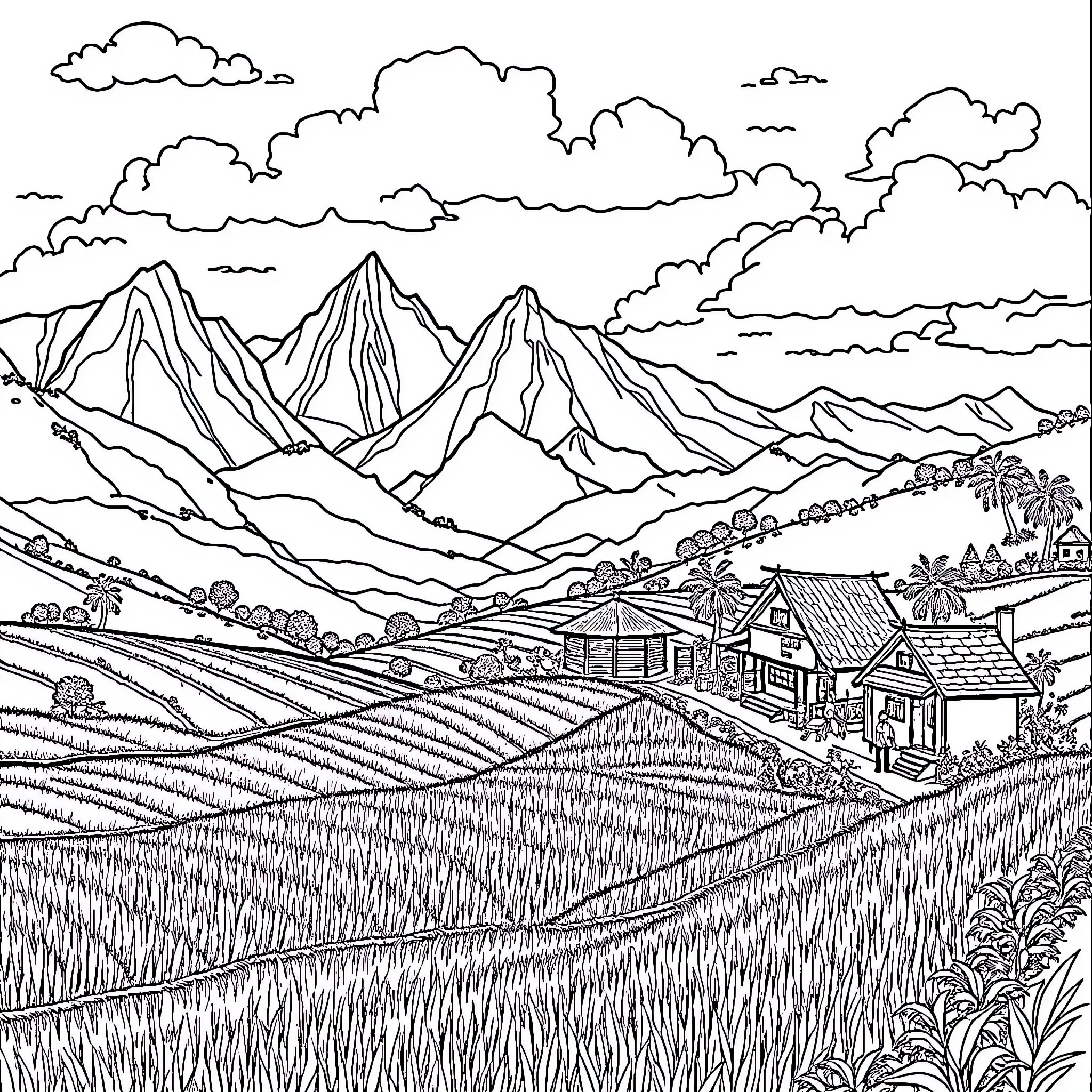 Countryside landscape with mountains and rural buildings Coloring Page (free black-and-white line drawing printable PDF for all, from beginners to advanced learners, including children, teens, adults, and seniors)