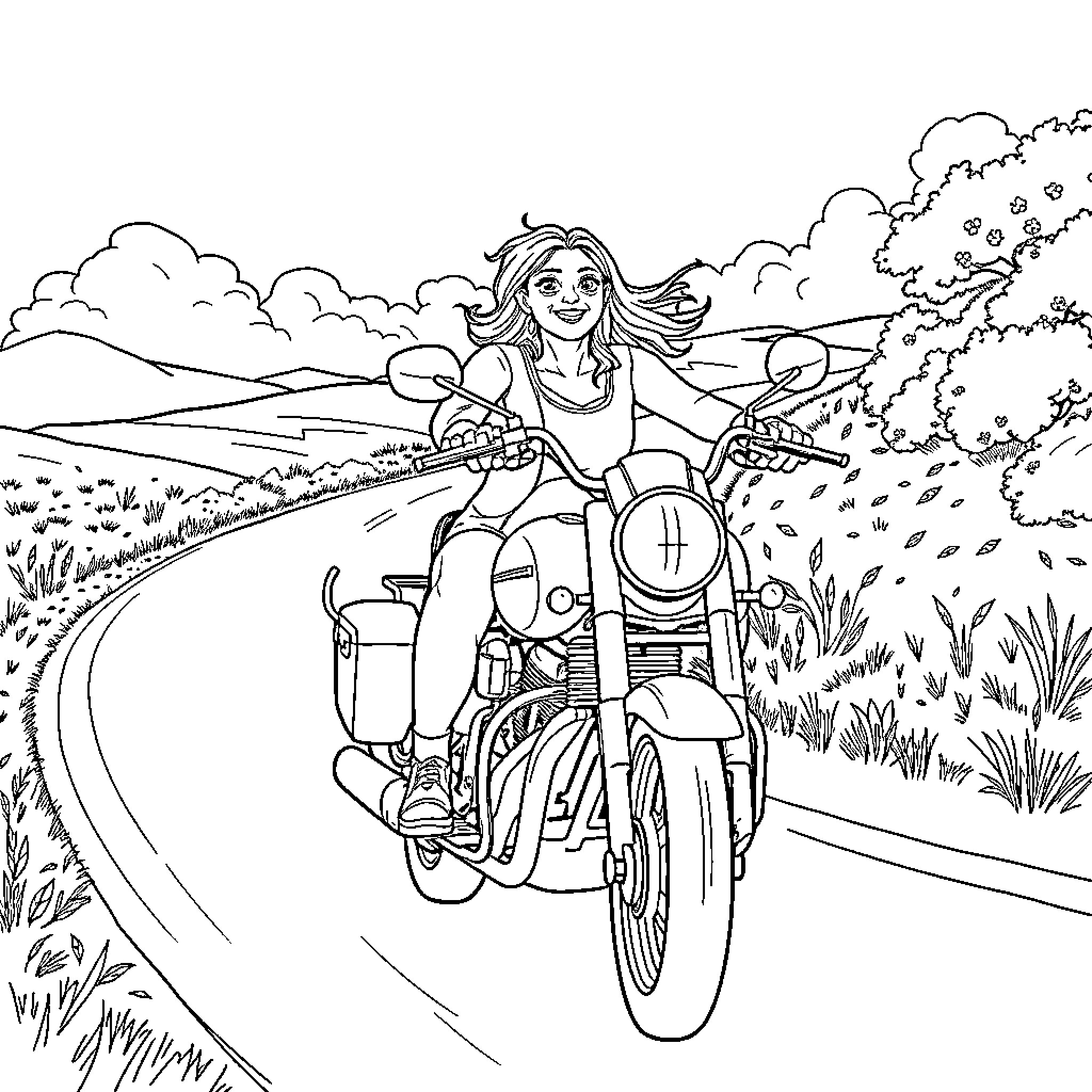 Couple Riding Motorcycle Through Countryside Coloring Page (free black-and-white line drawing printable PDF for all, from beginners to advanced learners, including children, teens, adults, and seniors)