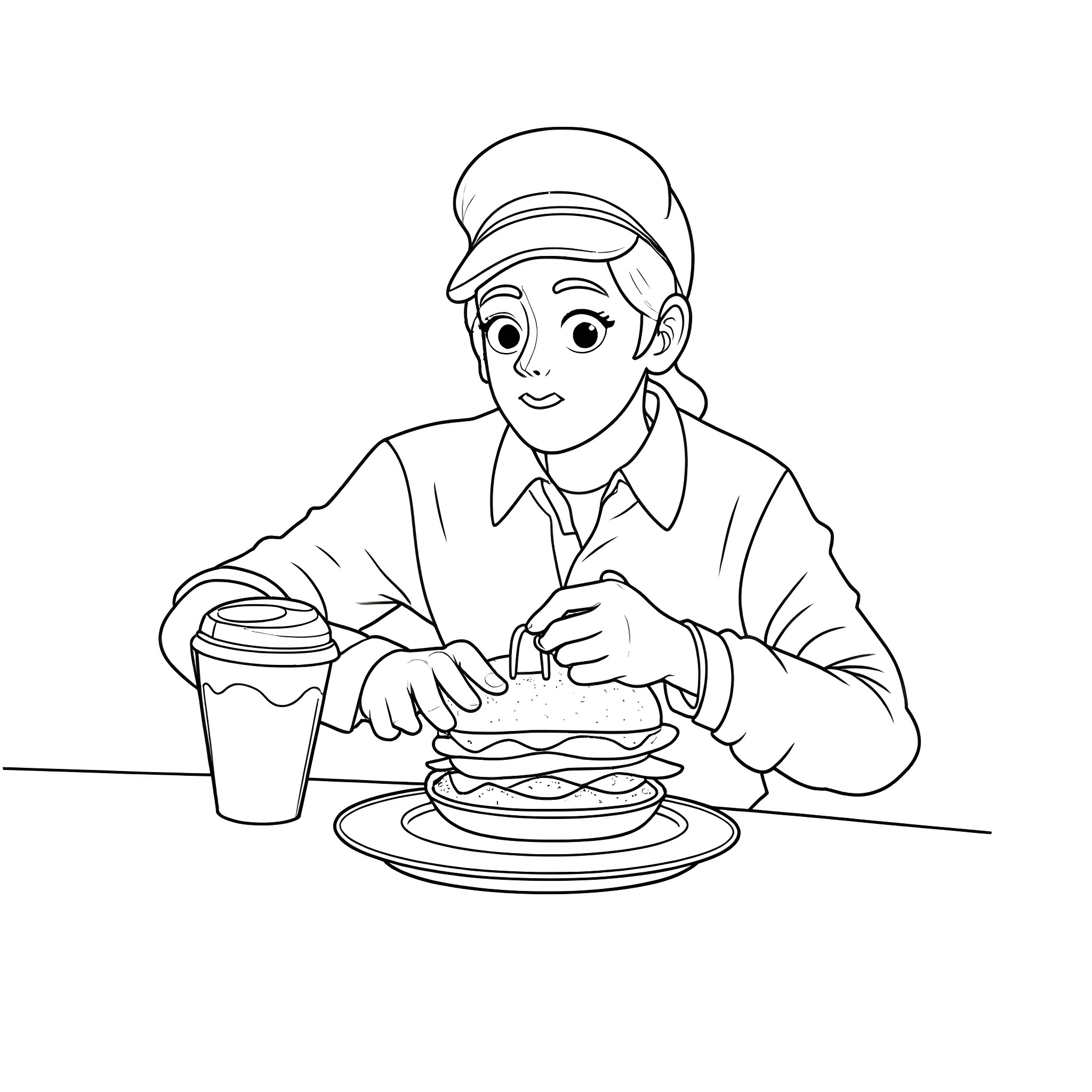 Subway Employee Preparing a Sandwich Coloring Page (free black-and-white line drawing printable PDF for all, from beginners to advanced learners, including children, teens, adults, and seniors)