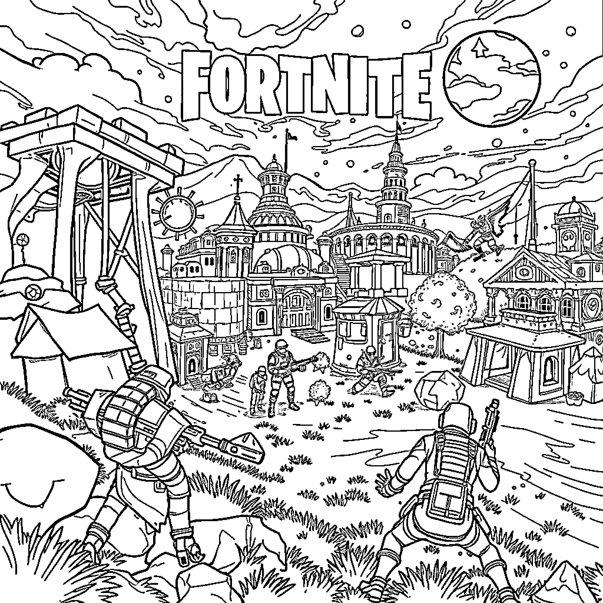 Fortnite Characters Exploring Fantastical Landscape Coloring Page (free black-and-white line drawing printable PDF for all, from beginners to advanced learners, including children, teens, adults, and seniors)