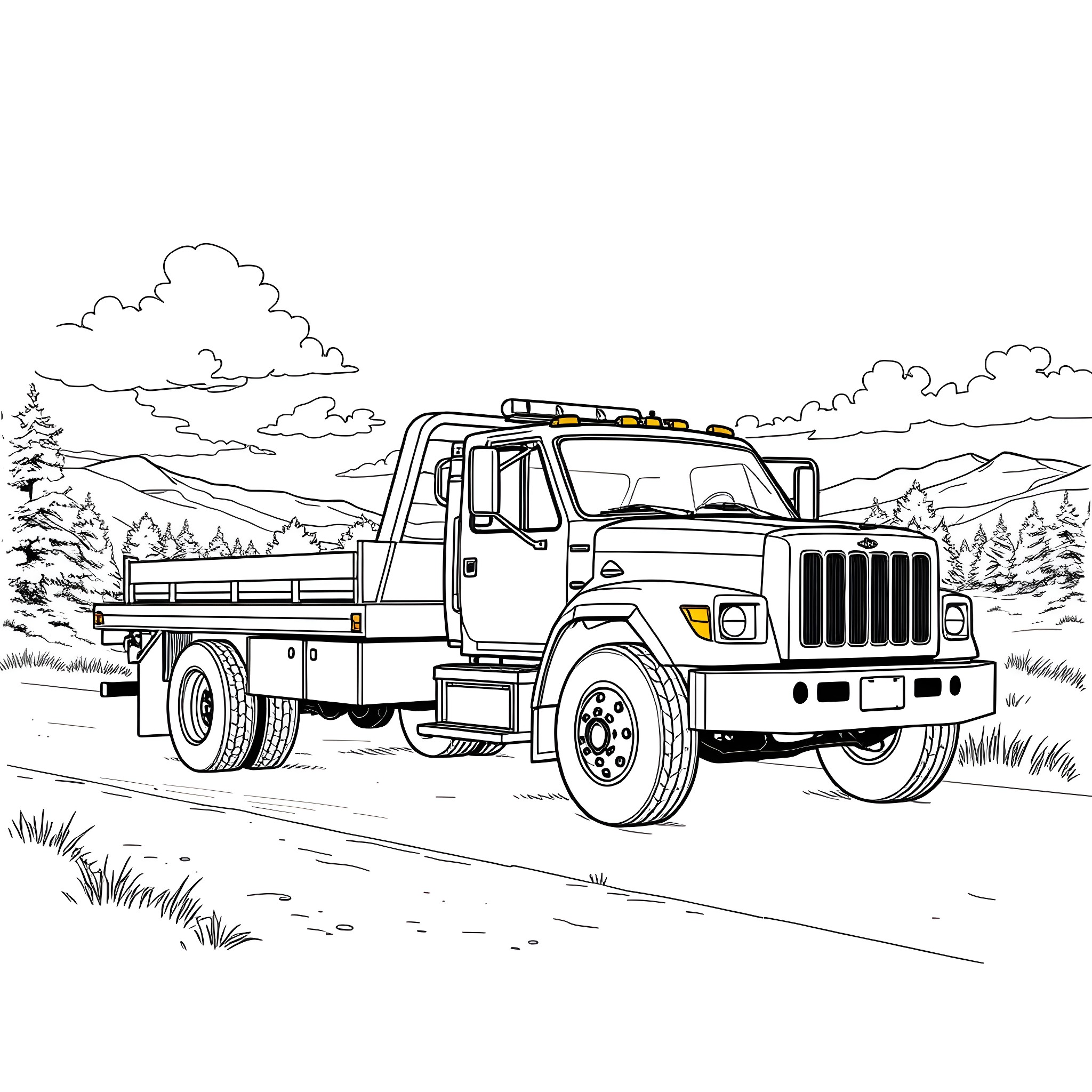 Wrecker Truck on a Mountainous Landscape Coloring Page (free black-and-white line drawing printable PDF for all, from beginners to advanced learners, including children, teens, adults, and seniors)