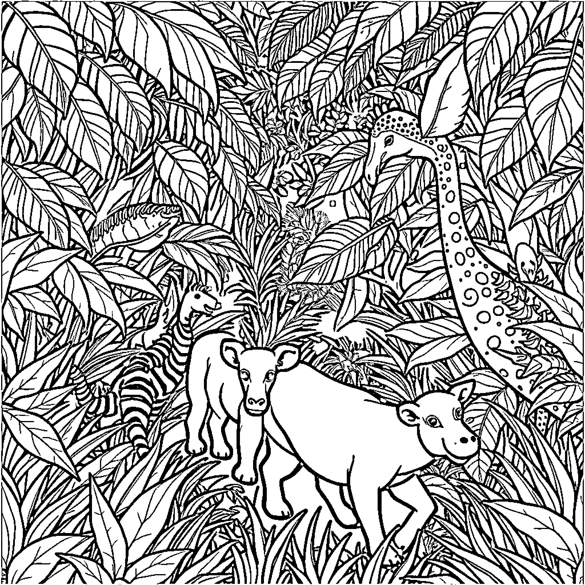 Animal jungle with playful creatures Coloring Page (free black-and-white line drawing printable PDF for all, from beginners to advanced learners, including children, teens, adults, and seniors)