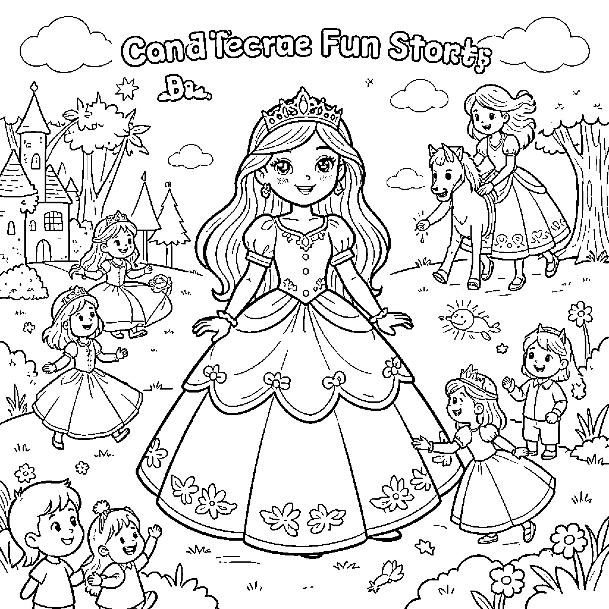 Princess posing elegantly in a beautiful garden scene Coloring Page (free black-and-white line drawing printable PDF for all, from beginners to advanced learners, including children, teens, adults, and seniors)
