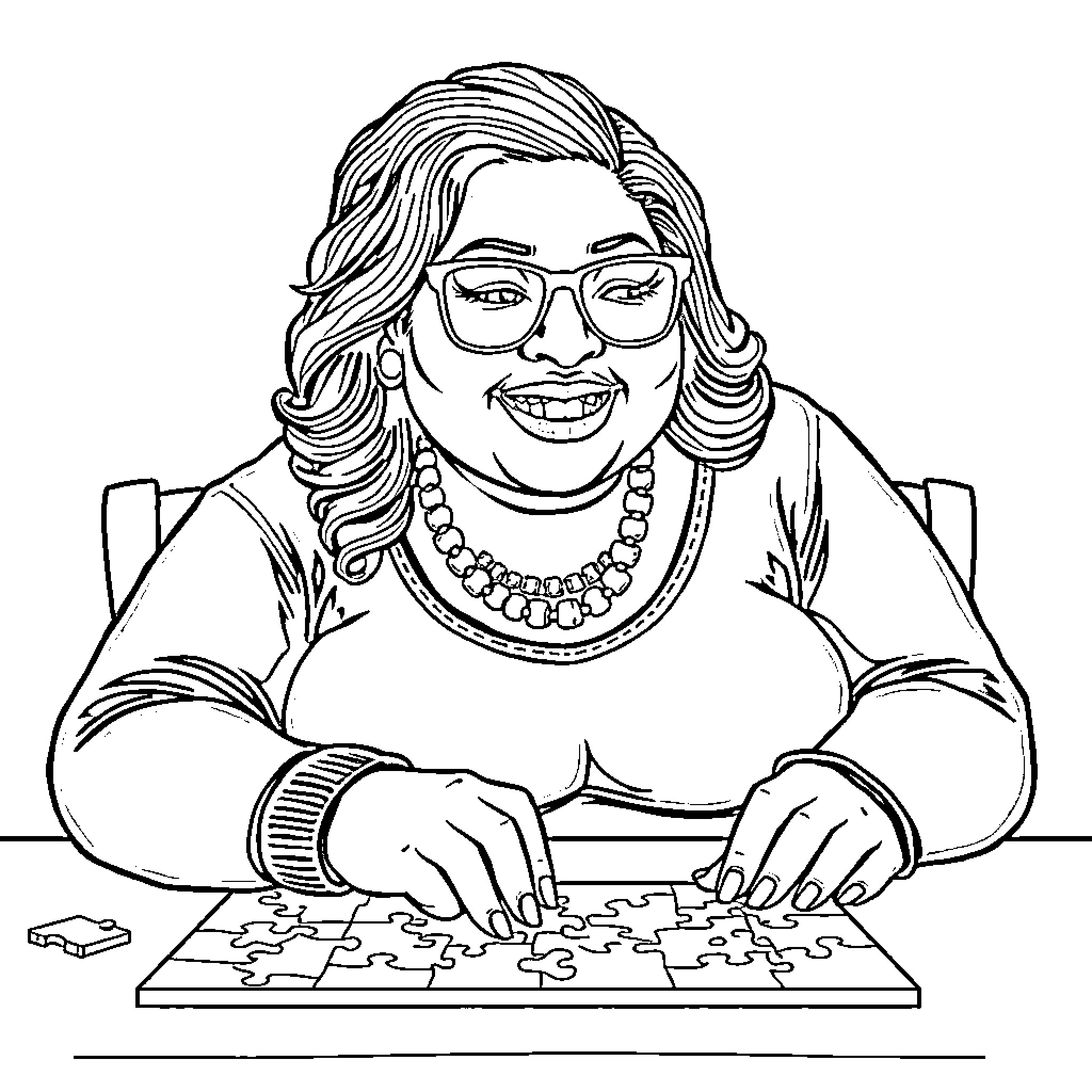 Woman working diligently on a jigsaw puzzle Coloring Page (free black-and-white line drawing printable PDF for all, from beginners to advanced learners, including children, teens, adults, and seniors)