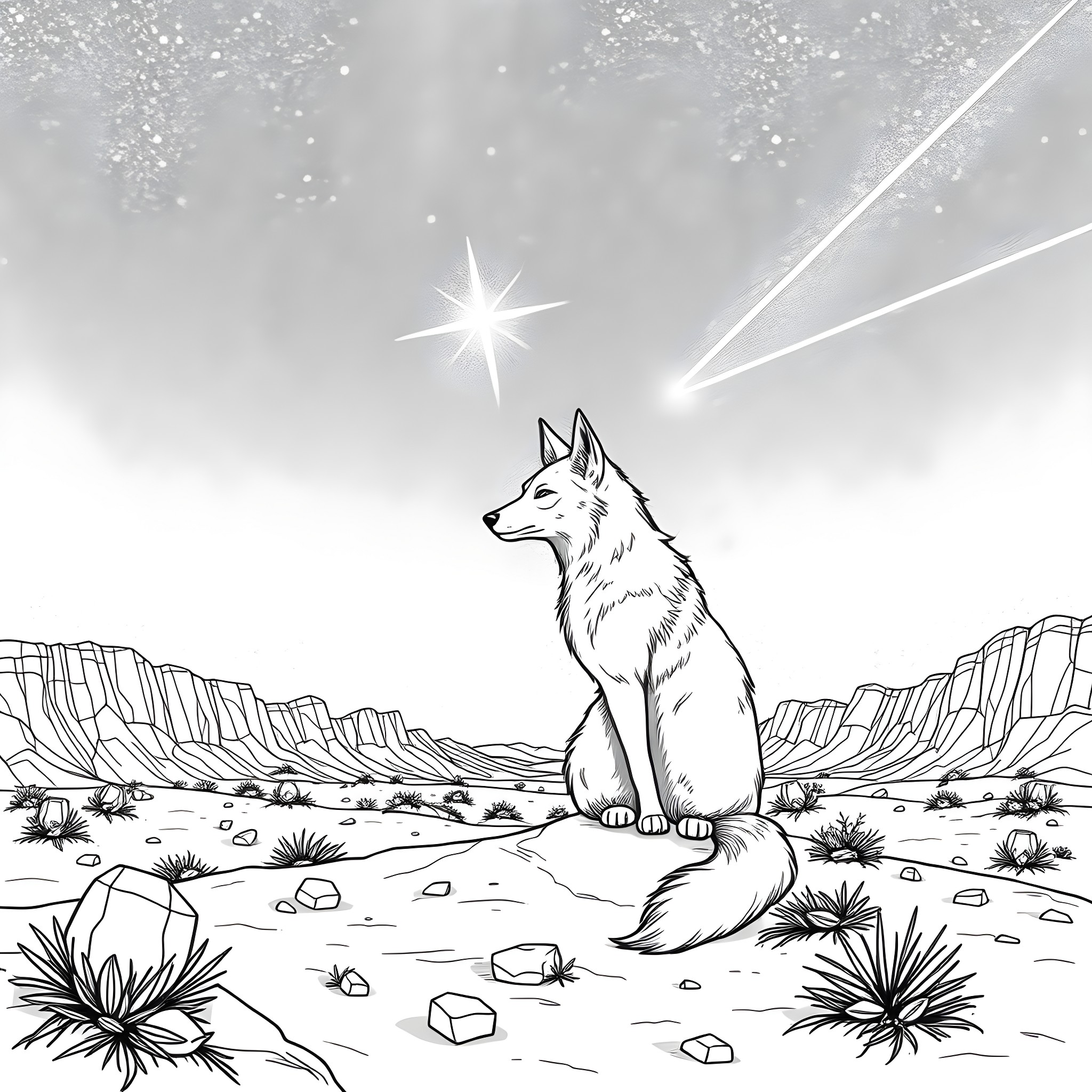 Coyote gazing at the starry night sky Coloring Page (free black-and-white line drawing printable PDF for all, from beginners to advanced learners, including children, teens, adults, and seniors)