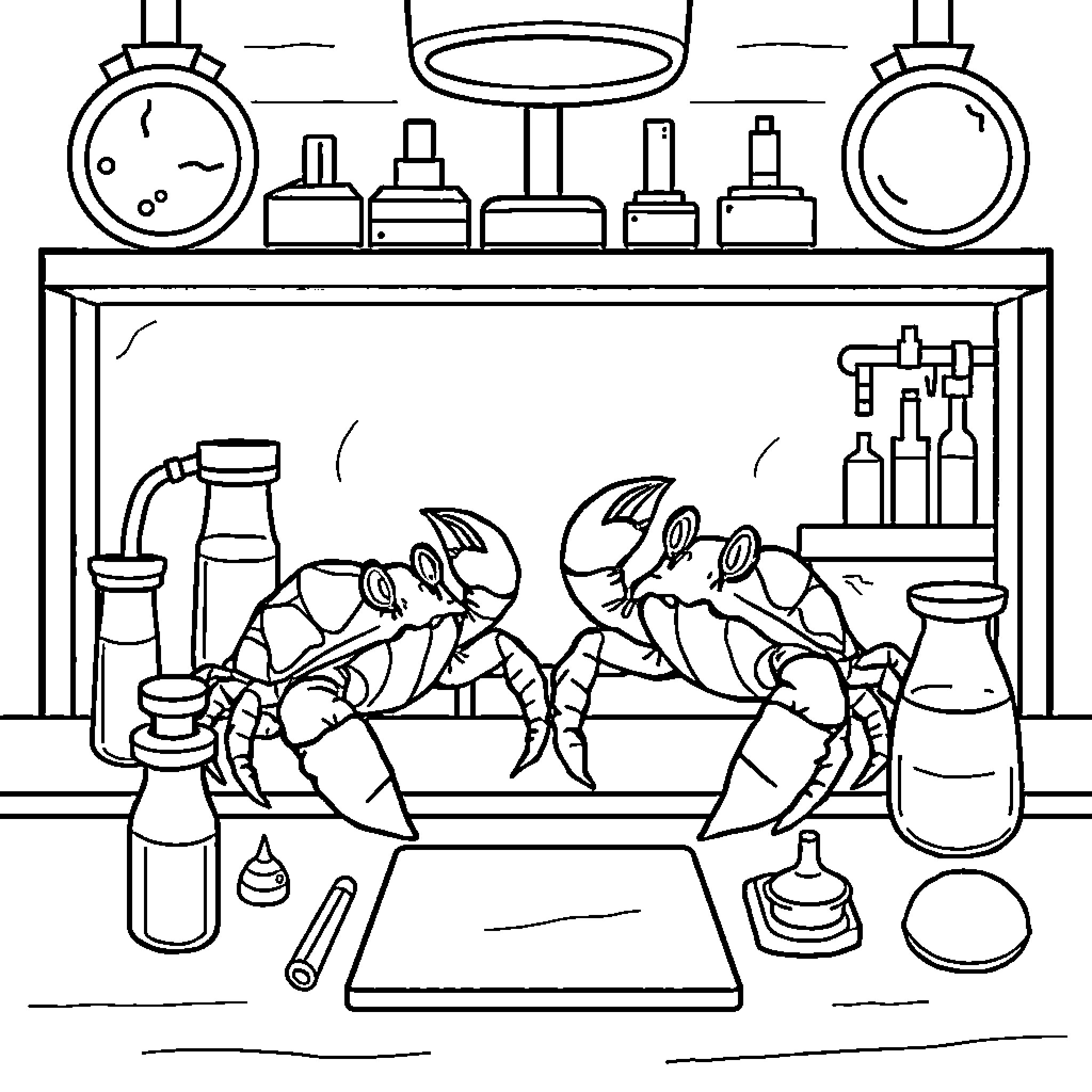 Hermit Crabs Observing Scientific Experiments Coloring Page (free black-and-white line drawing printable PDF for all, from beginners to advanced learners, including children, teens, adults, and seniors)