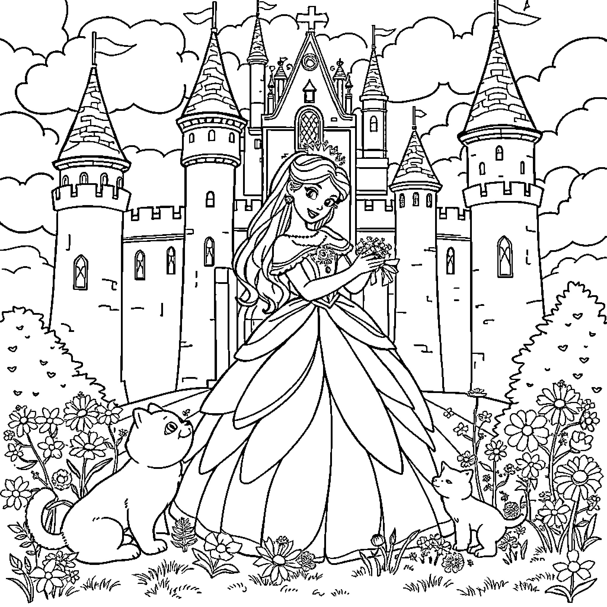 Princess in a Magnificent Castle Coloring Page (free black-and-white line drawing printable PDF for all, from beginners to advanced learners, including children, teens, adults, and seniors)