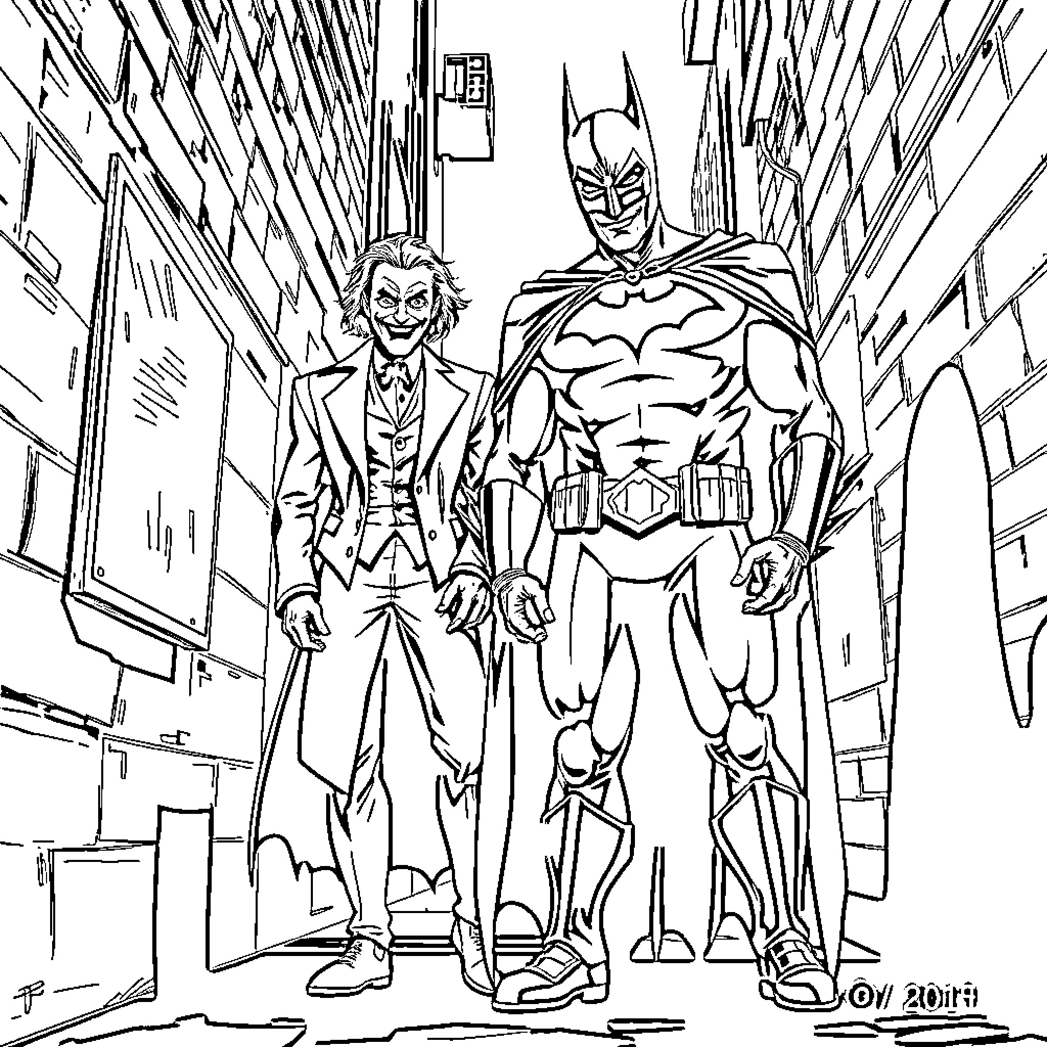 Batman and The Joker in Gotham City alley Coloring Page (free black-and-white line drawing printable PDF for all, from beginners to advanced learners, including children, teens, adults, and seniors)