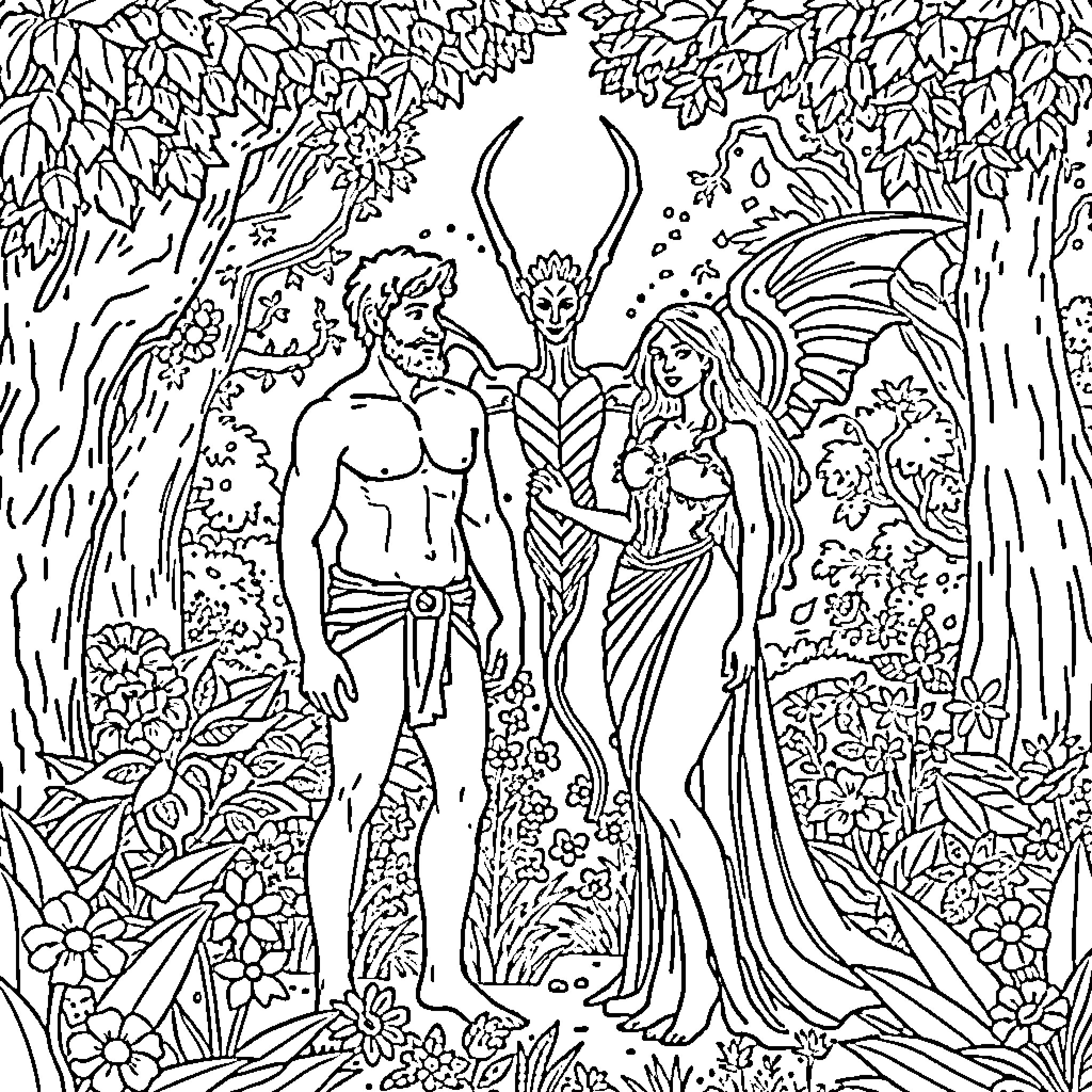 Adam and Eve in the Garden of Eden Coloring Page (free black-and-white line drawing printable PDF for all, from beginners to advanced learners, including children, teens, adults, and seniors)