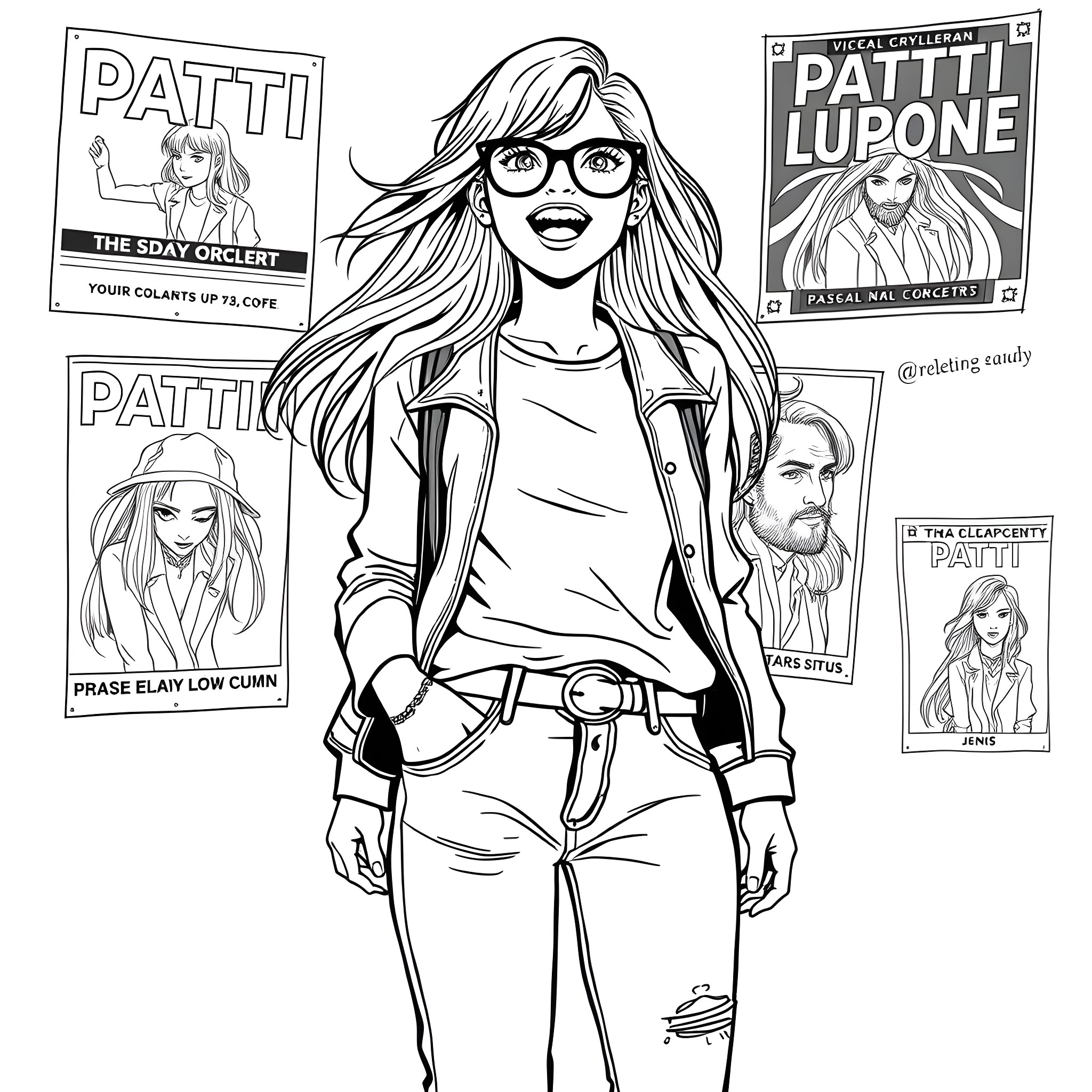 Patti Lupone: Fearless Broadway Icon Coloring Page (free black-and-white line drawing printable PDF for all, from beginners to advanced learners, including children, teens, adults, and seniors)