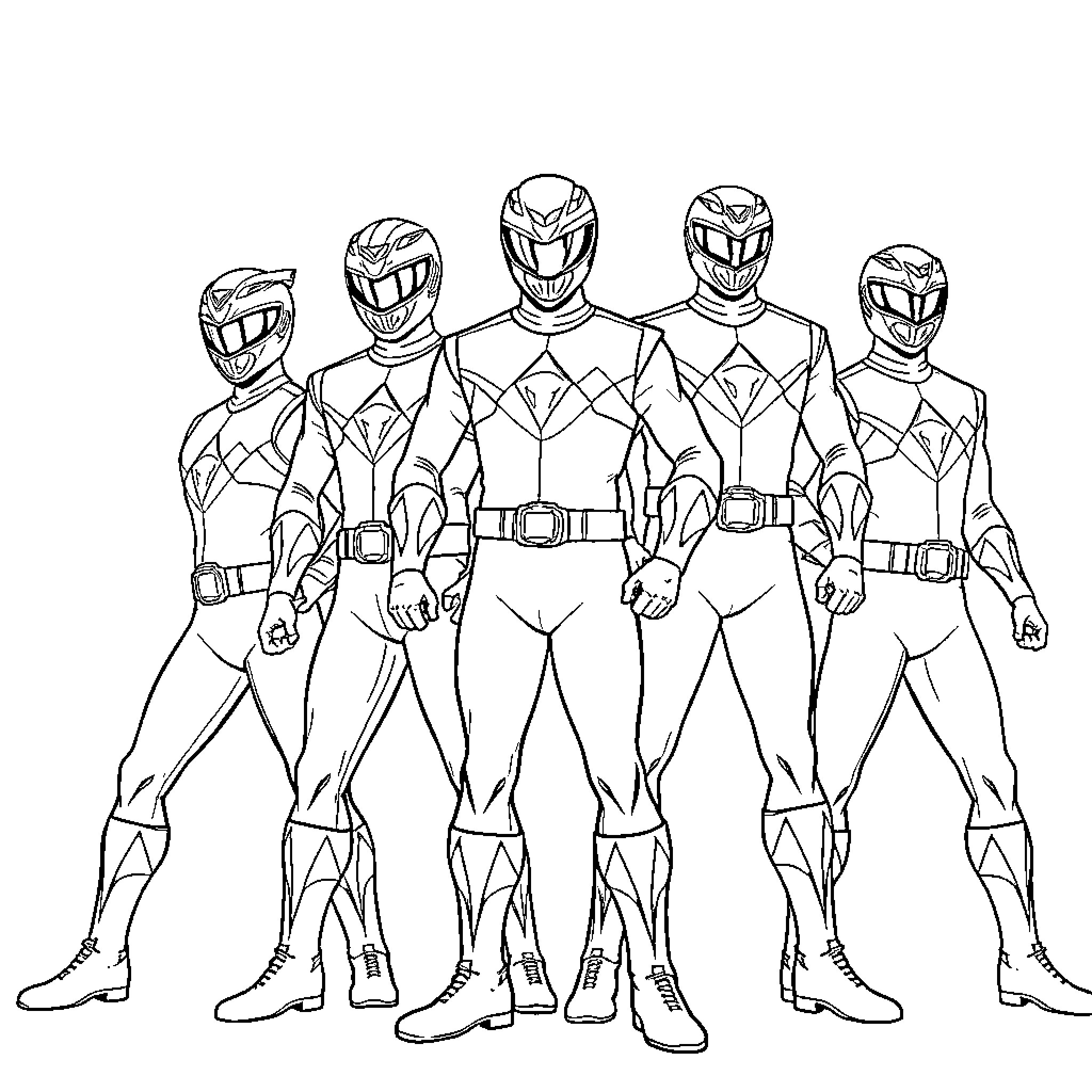 Power Rangers in Action-Packed Poses Coloring Page (free black-and-white line drawing printable PDF for all, from beginners to advanced learners, including children, teens, adults, and seniors)