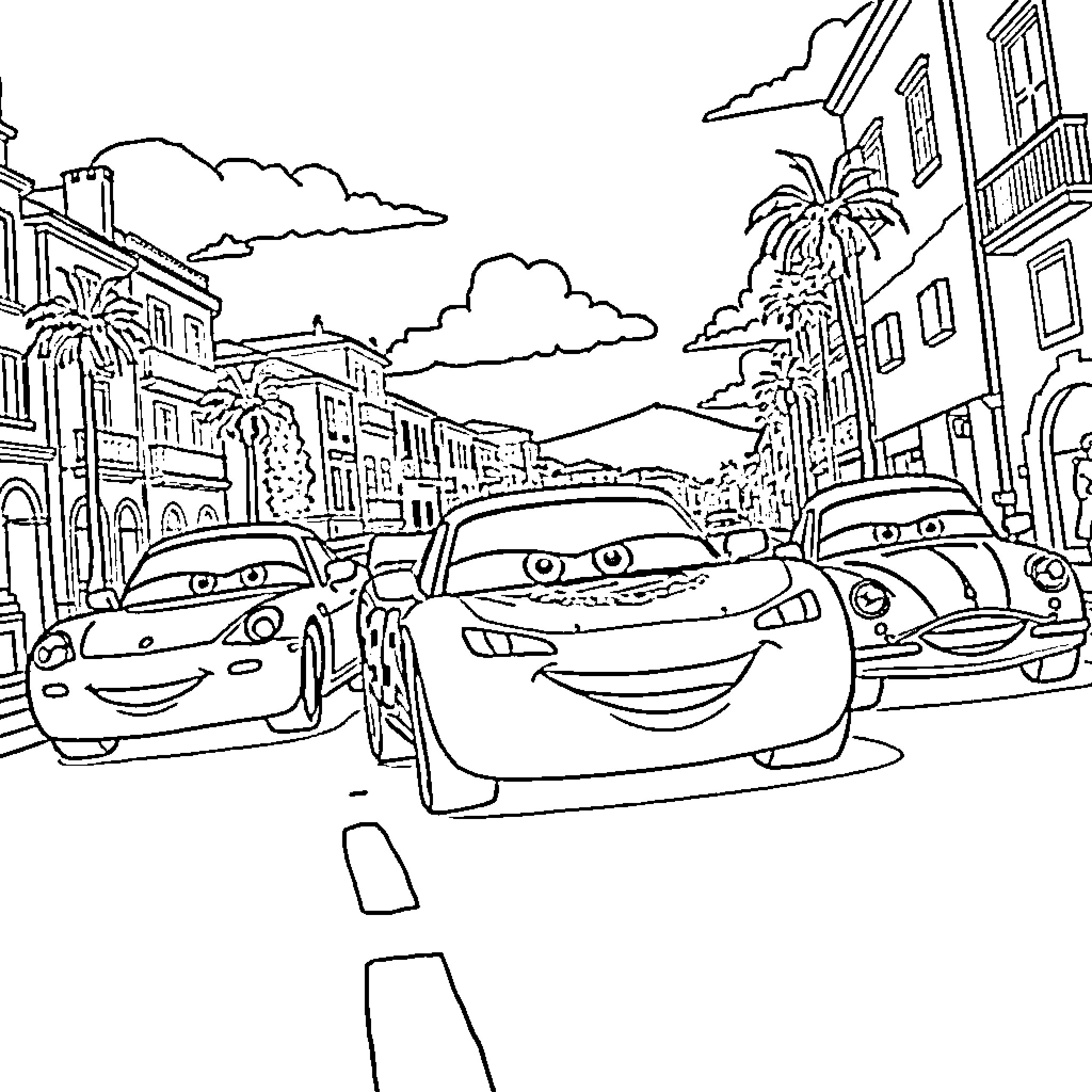 Car characters on an urban street scene Coloring Page (free black-and-white line drawing printable PDF for all, from beginners to advanced learners, including children, teens, adults, and seniors)