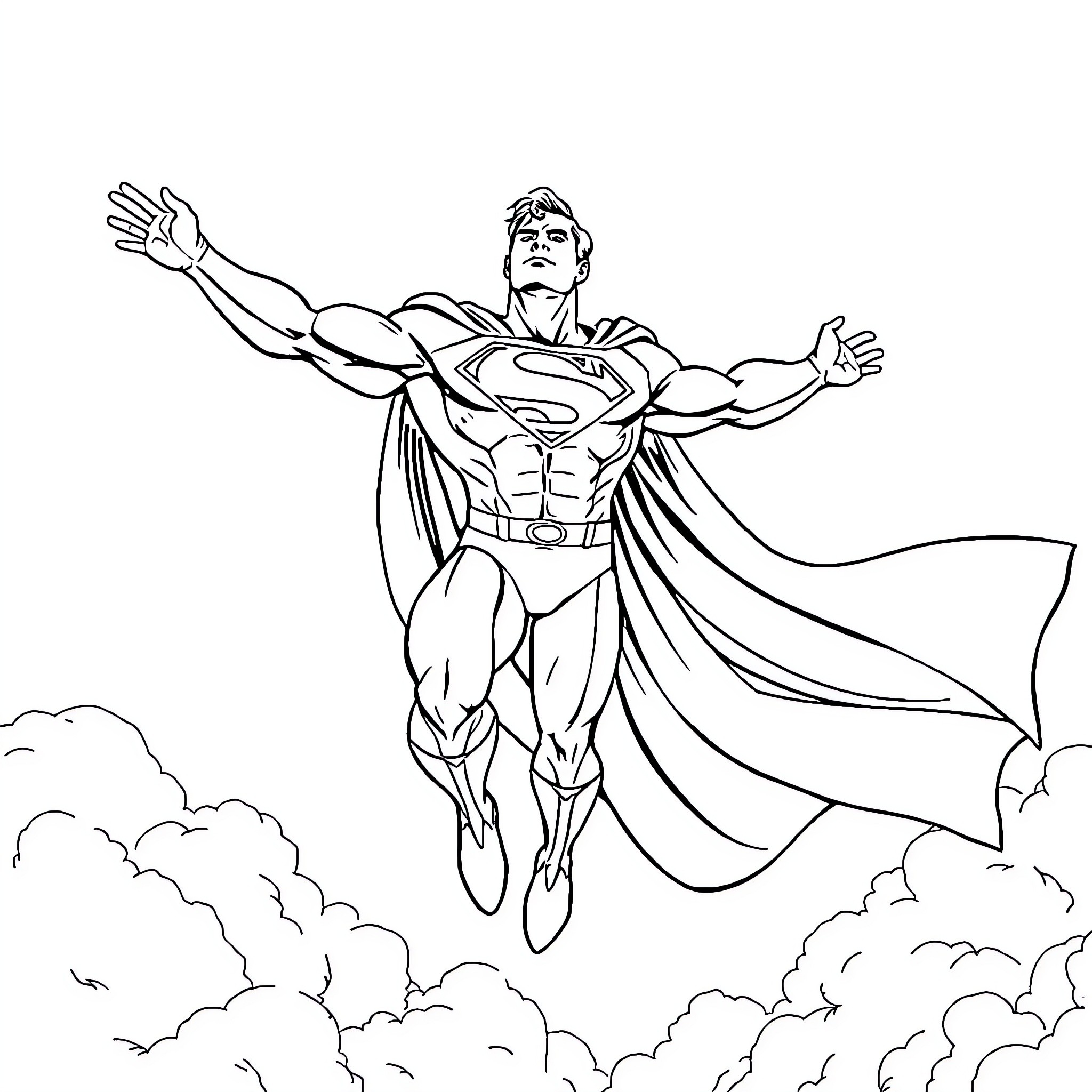 Superman soaring heroically through the skies Coloring Page (free black-and-white line drawing printable PDF for all, from beginners to advanced learners, including children, teens, adults, and seniors)