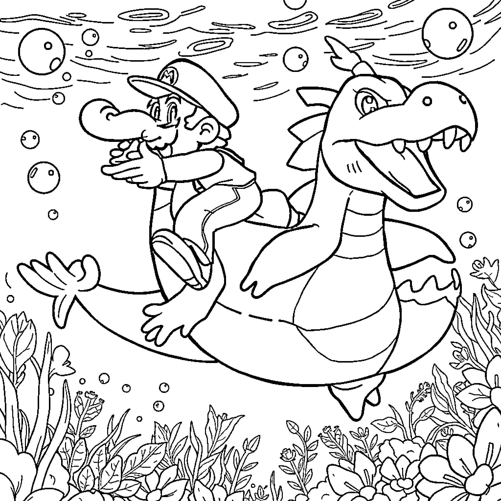 Mario's Underwater Adventure with Friendly Sea Creatures Coloring Page (free black-and-white line drawing printable PDF for all, from beginners to advanced learners, including children, teens, adults, and seniors)