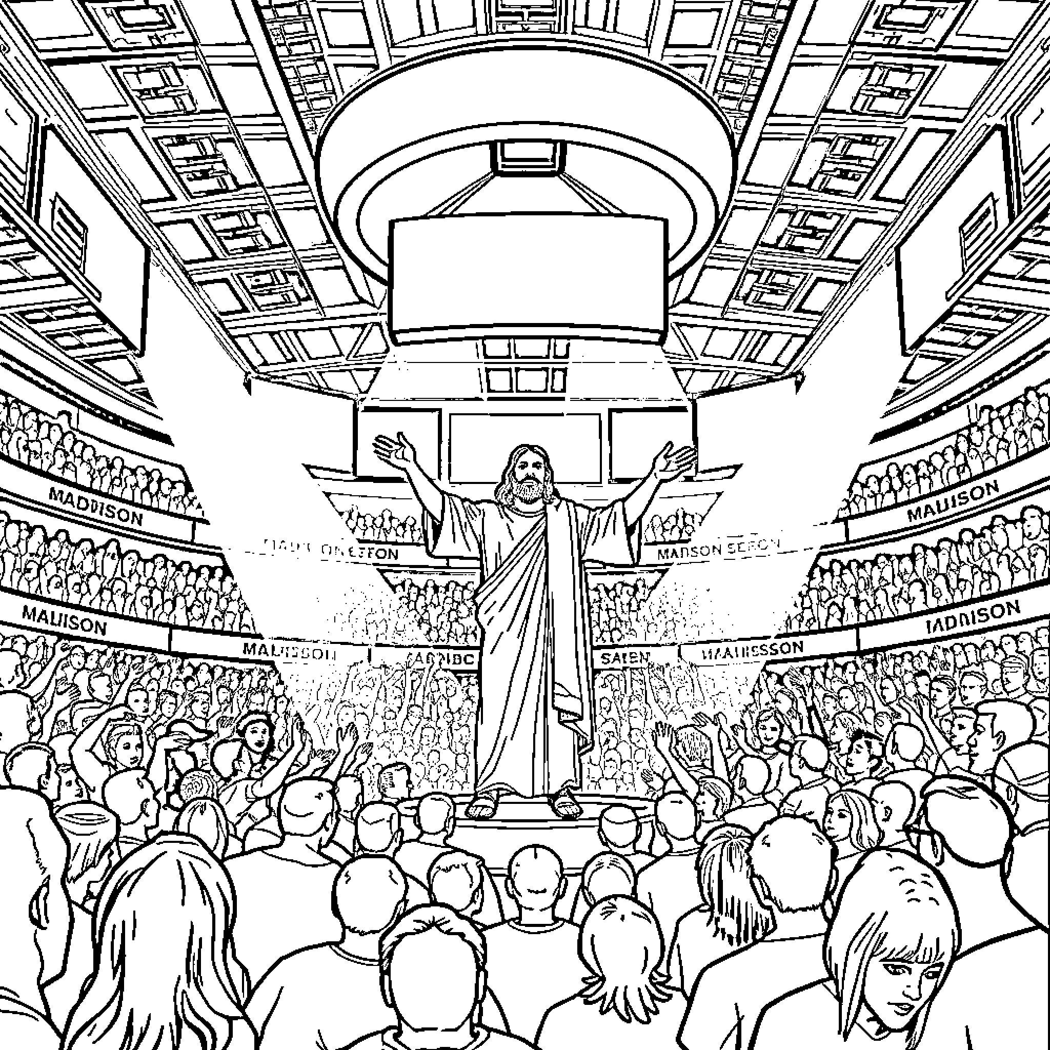 Jesus preaching to a crowd in a large hall Coloring Page (free black-and-white line drawing printable PDF for all, from beginners to advanced learners, including children, teens, adults, and seniors)