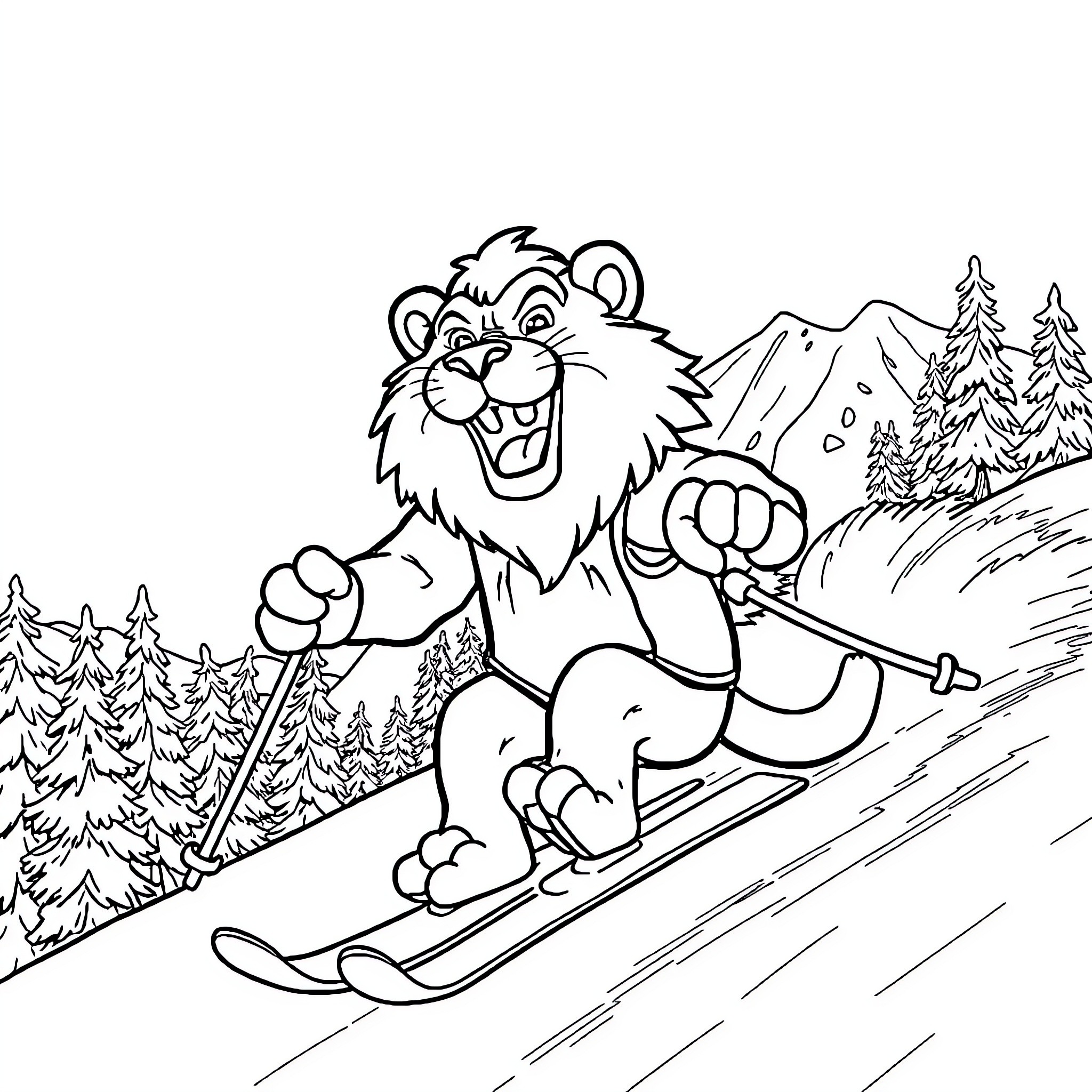Rocky Lion Skiing Down the Snowy Mountain Coloring Page (free black-and-white line drawing printable PDF for all, from beginners to advanced learners, including children, teens, adults, and seniors)
