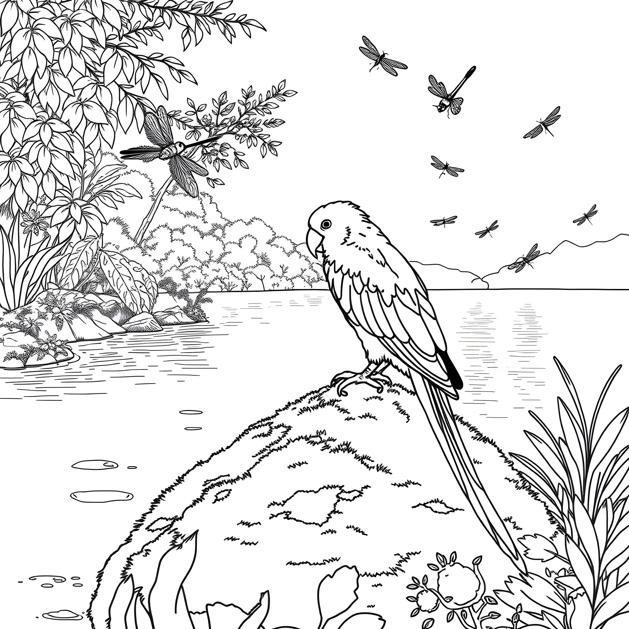 Parrot perched in a lush, natural setting Coloring Page (free black-and-white line drawing printable PDF for all, from beginners to advanced learners, including children, teens, adults, and seniors)